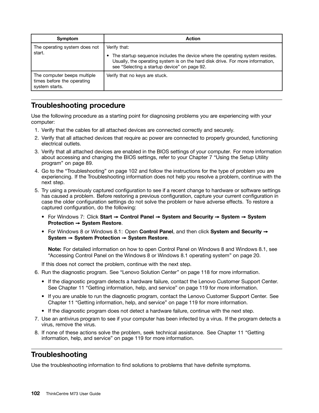 Lenovo M73 manual Troubleshooting procedure 