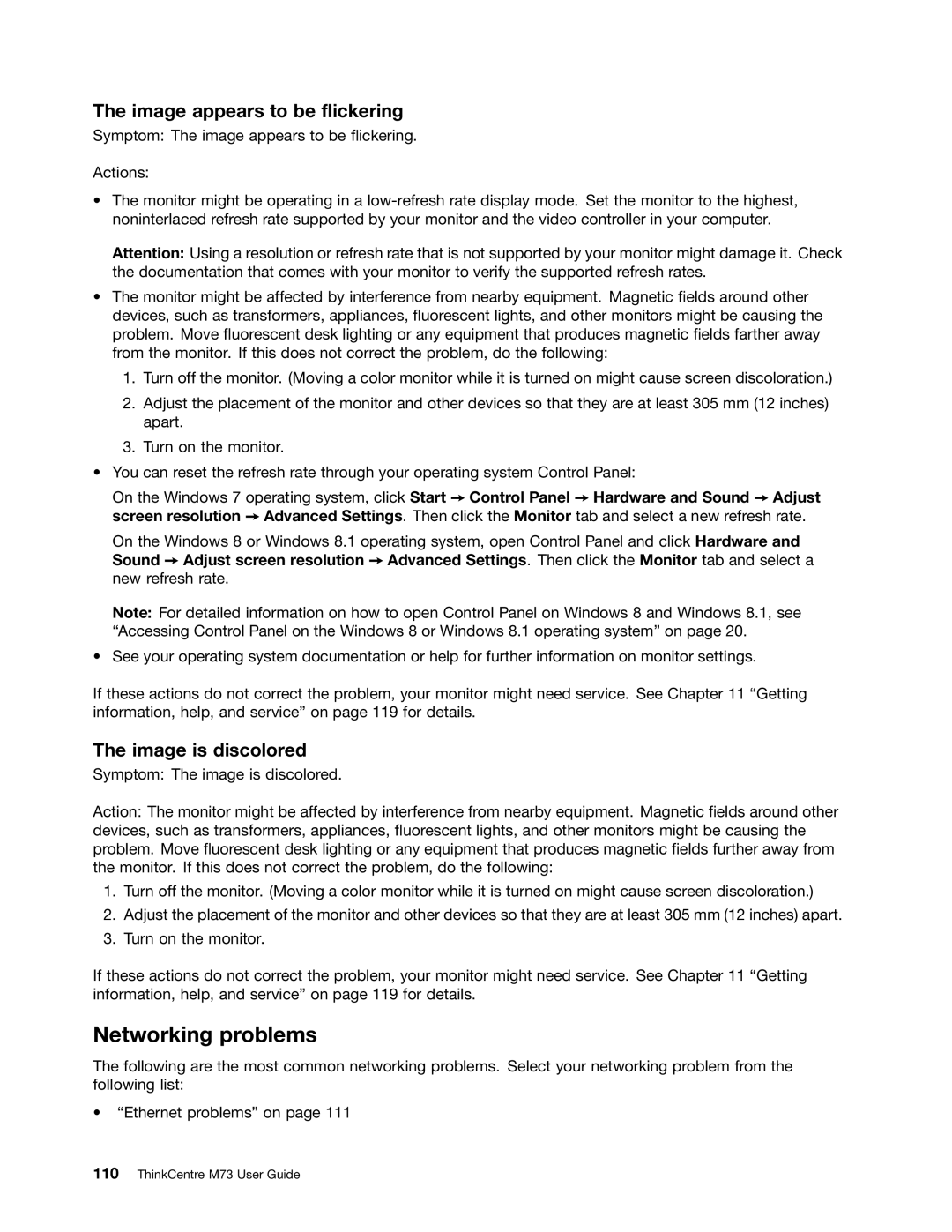 Lenovo M73 manual Networking problems, Image appears to be flickering, Image is discolored 