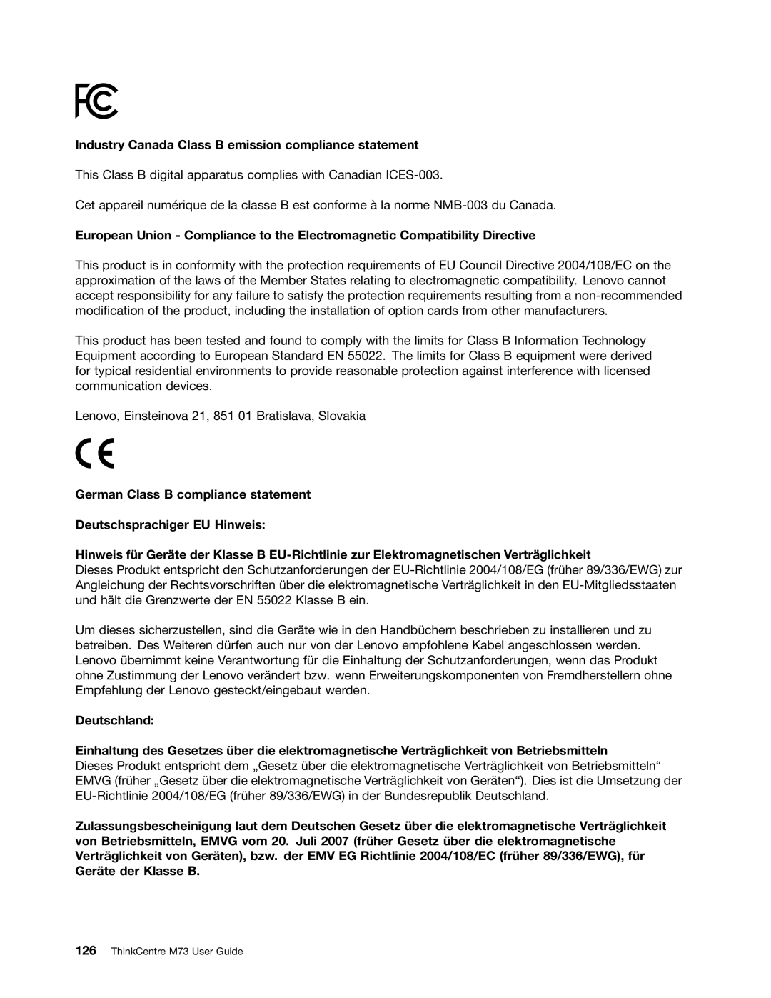 Lenovo M73 manual Industry Canada Class B emission compliance statement 