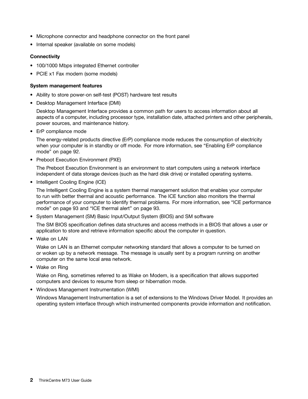 Lenovo M73 manual Connectivity, System management features 