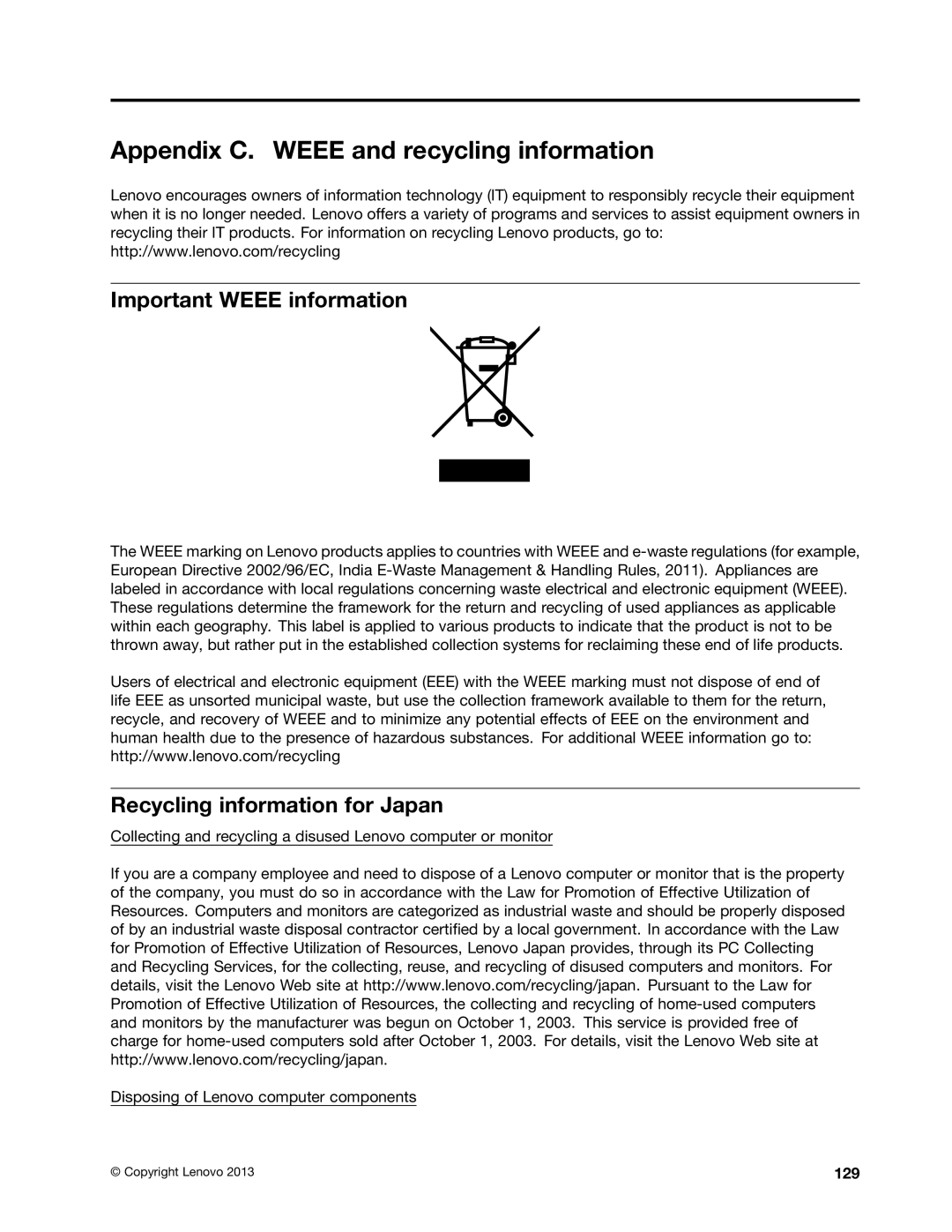 Lenovo M73 Appendix C. Weee and recycling information, Important Weee information, Recycling information for Japan, 129 