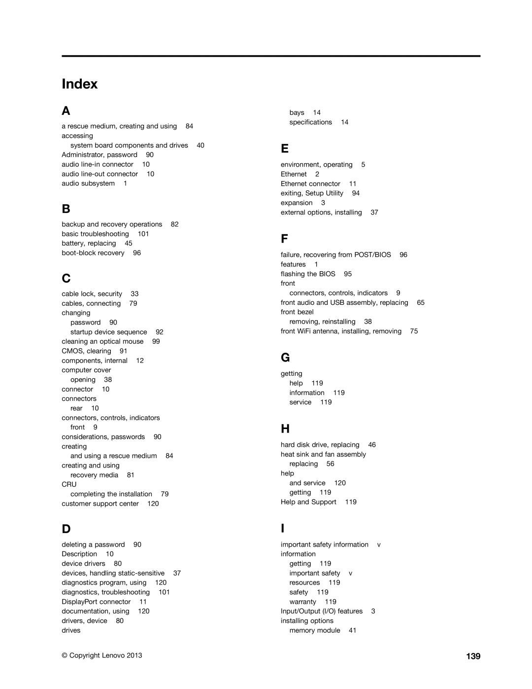 Lenovo M73 manual Index, 139 