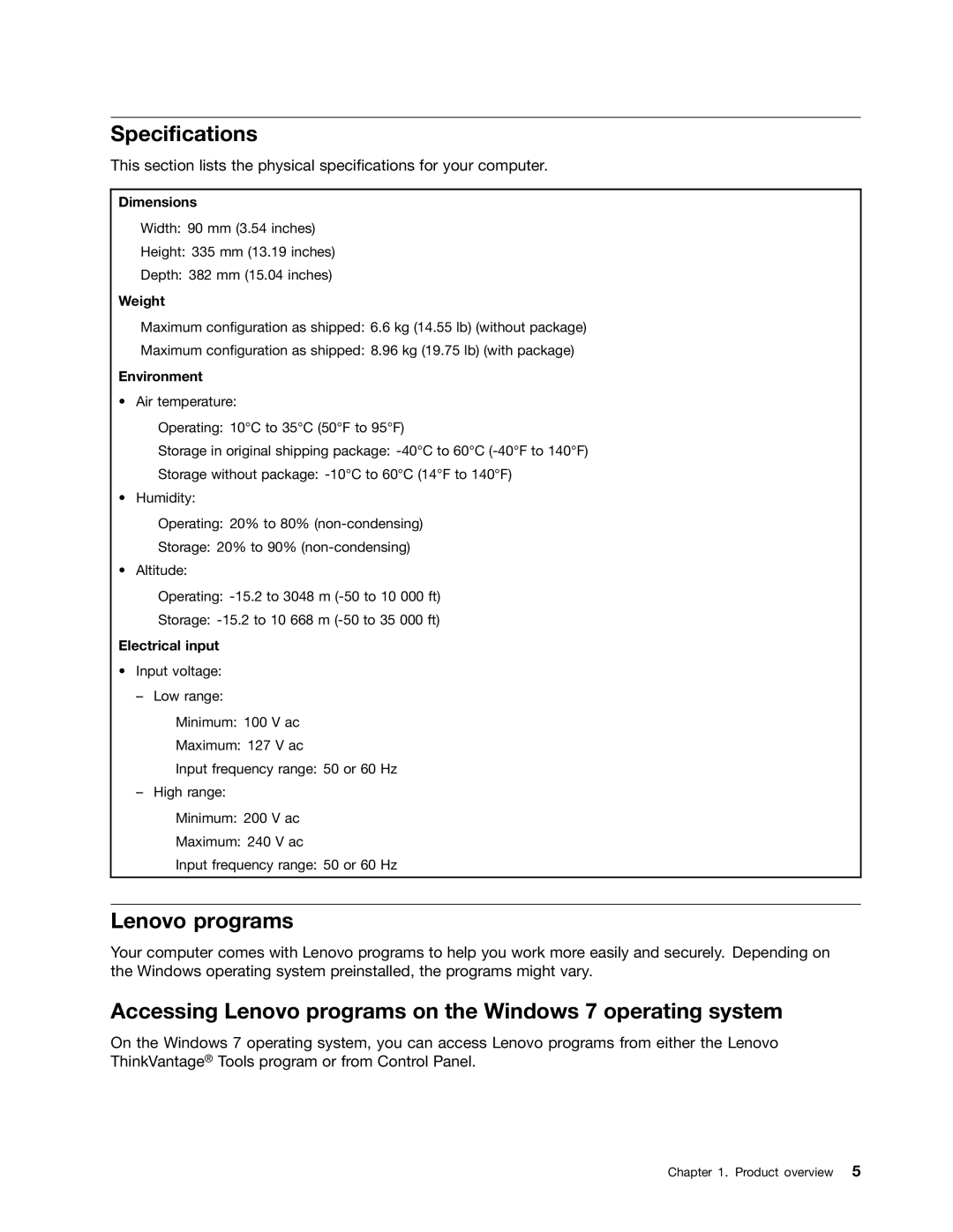 Lenovo M73 manual Specifications, Accessing Lenovo programs on the Windows 7 operating system 