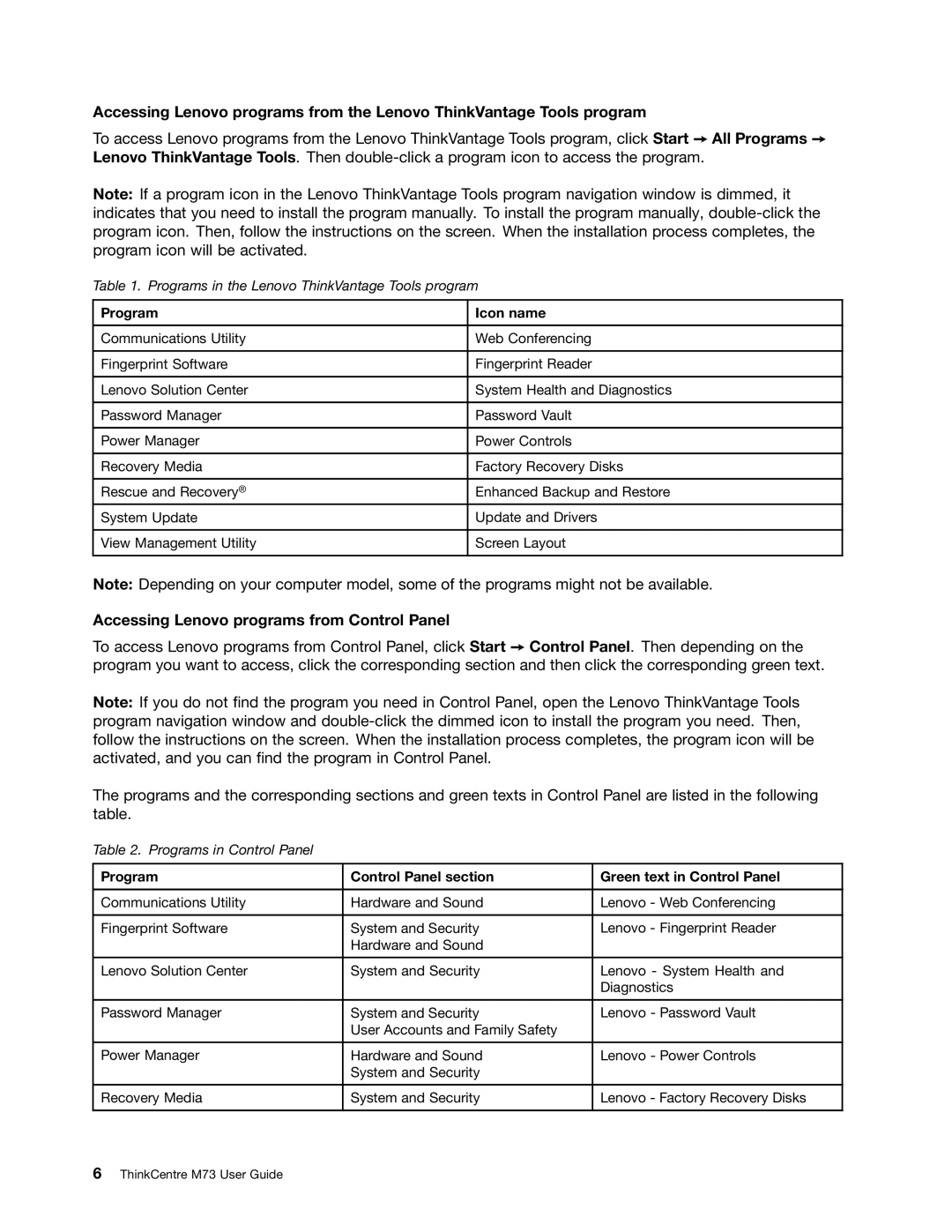 Lenovo M73 manual Accessing Lenovo programs from Control Panel, Program Icon name 
