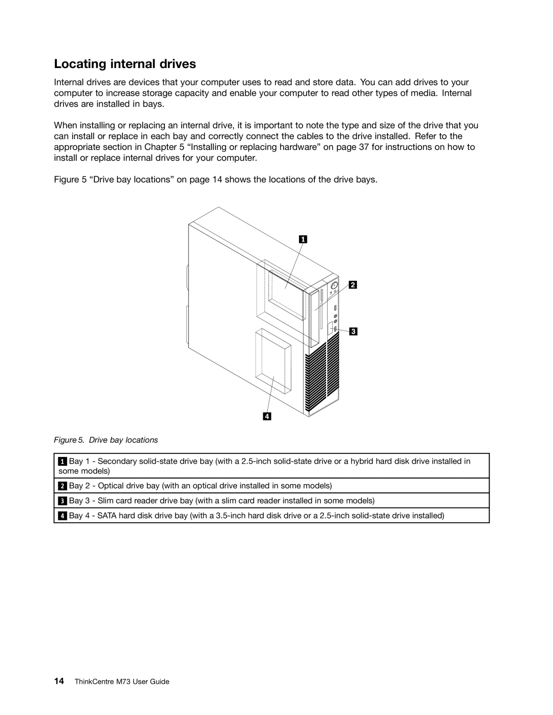 Lenovo M73 manual Locating internal drives, Drive bay locations 