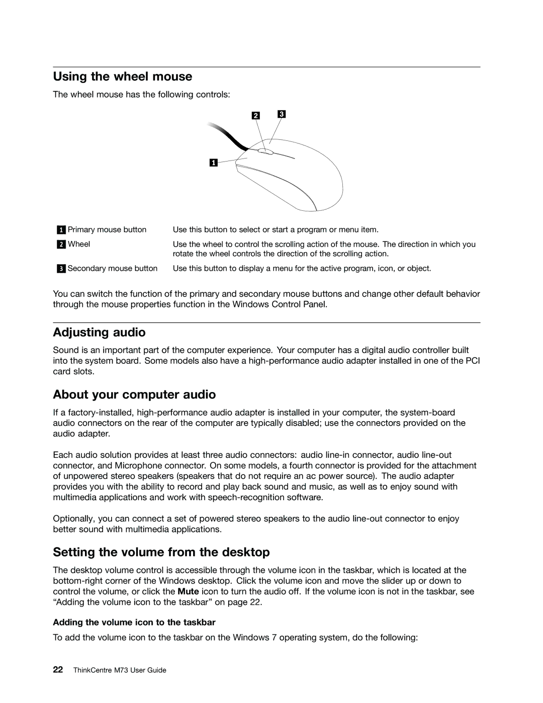 Lenovo M73 manual Using the wheel mouse, Adjusting audio, About your computer audio, Setting the volume from the desktop 