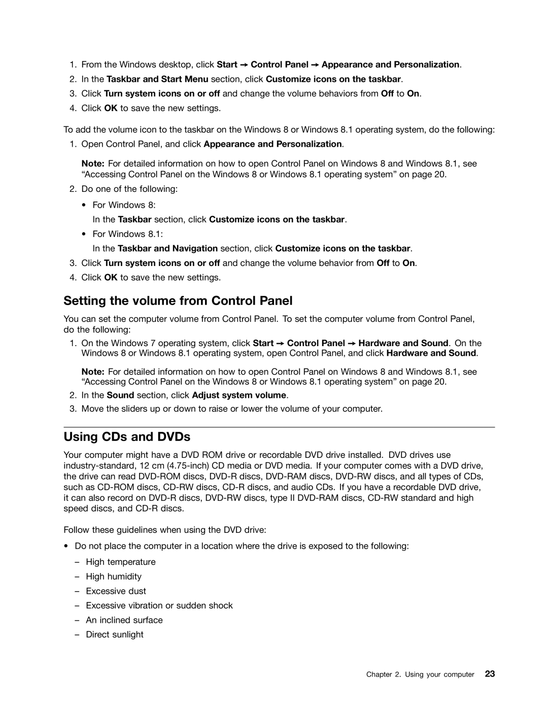 Lenovo M73 manual Setting the volume from Control Panel, Using CDs and DVDs, Sound section, click Adjust system volume 