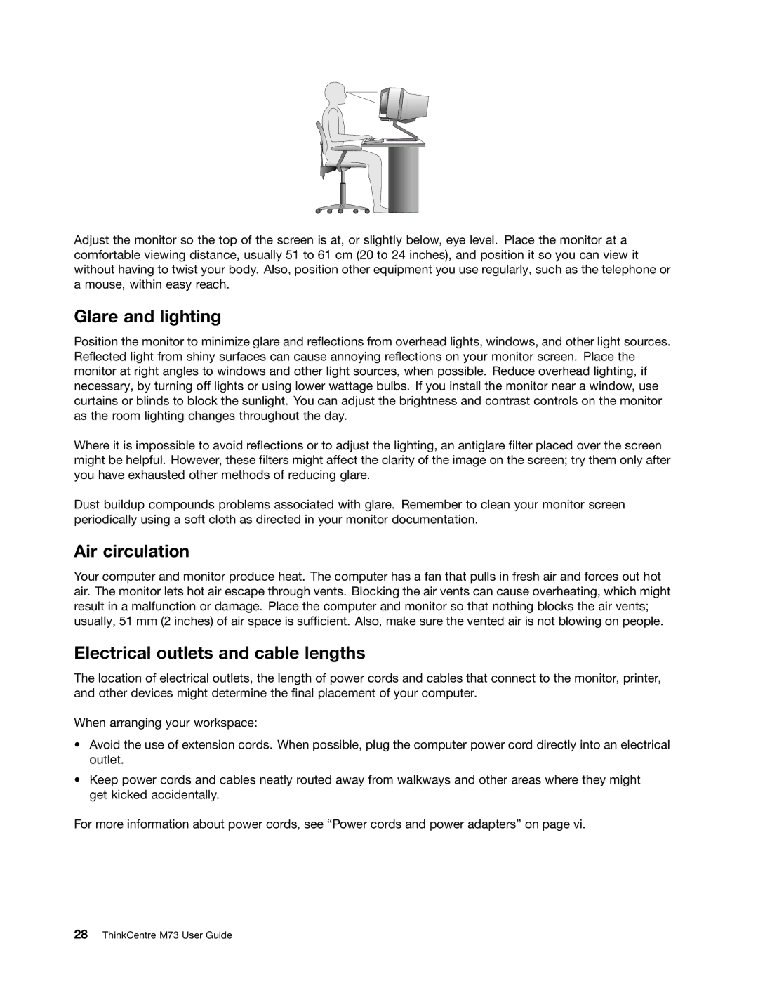 Lenovo M73 manual Glare and lighting, Air circulation, Electrical outlets and cable lengths 