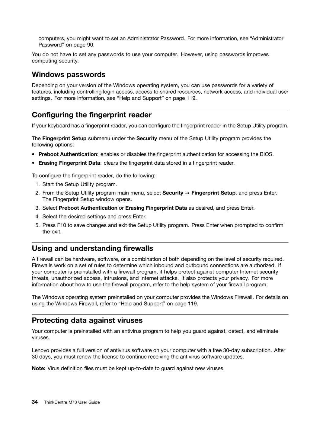 Lenovo M73 manual Windows passwords, Configuring the fingerprint reader, Using and understanding firewalls 