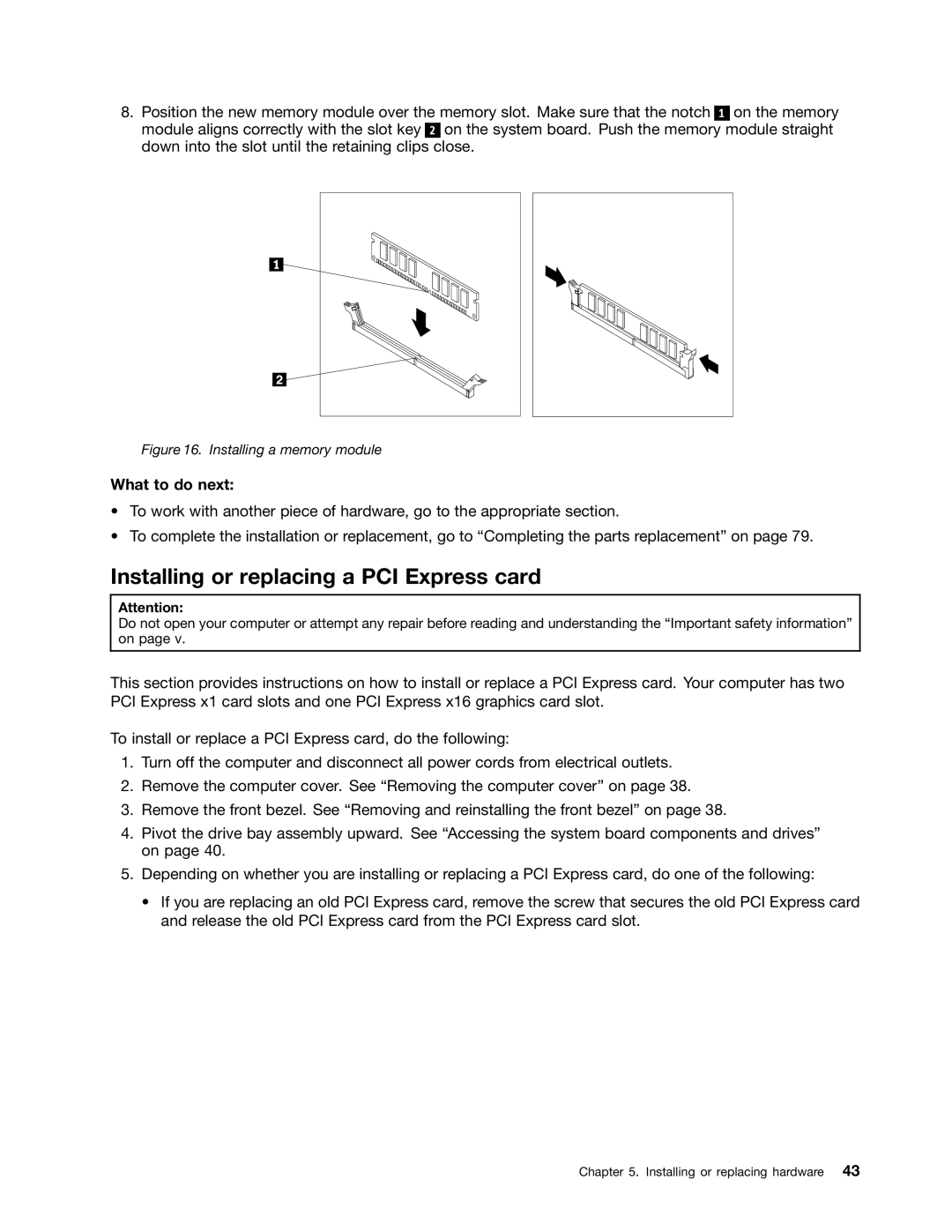 Lenovo M73 manual Installing or replacing a PCI Express card, Installing a memory module 