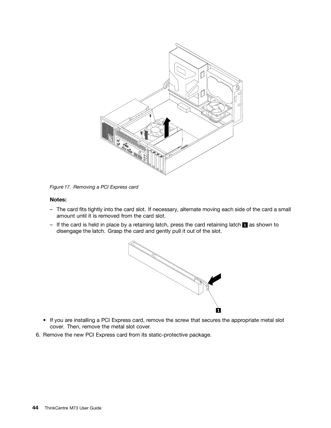 Lenovo M73 manual Removing a PCI Express card 