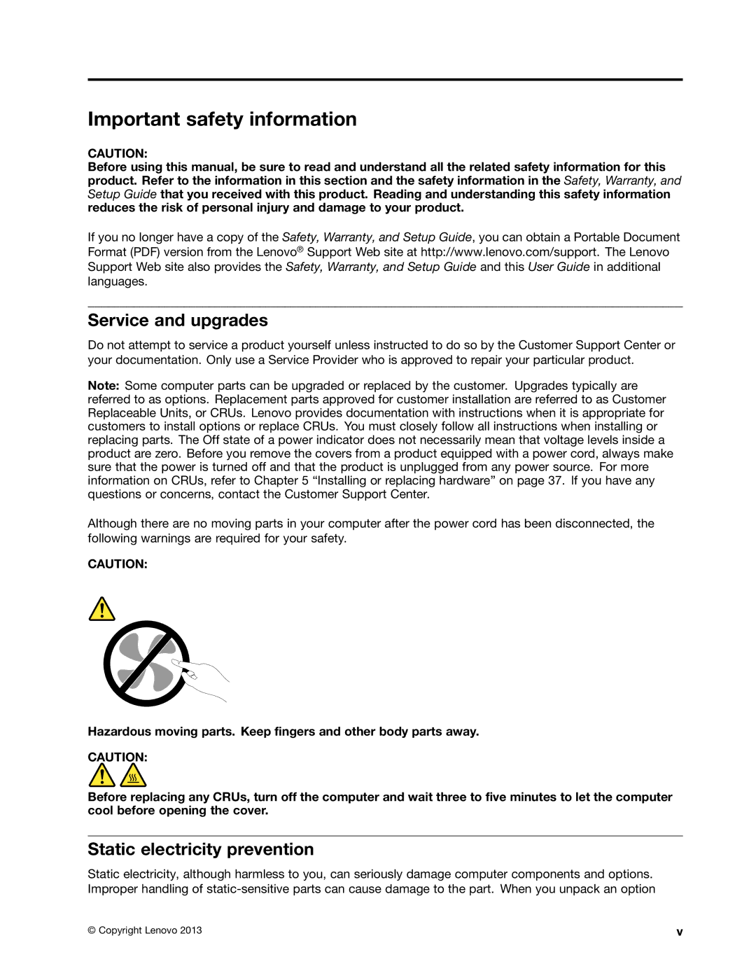 Lenovo M73 manual Important safety information, Service and upgrades, Static electricity prevention 