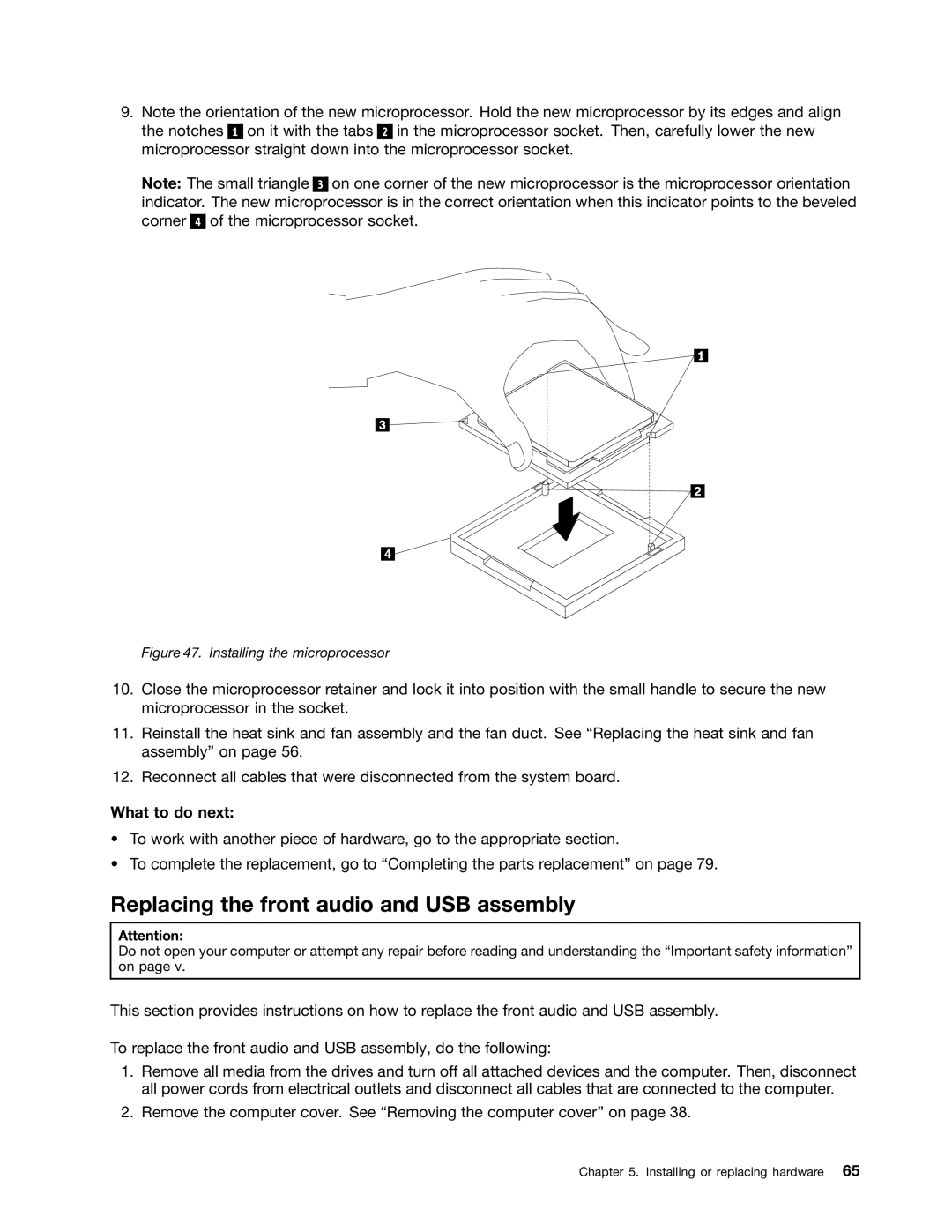 Lenovo M73 manual Replacing the front audio and USB assembly, Installing the microprocessor 