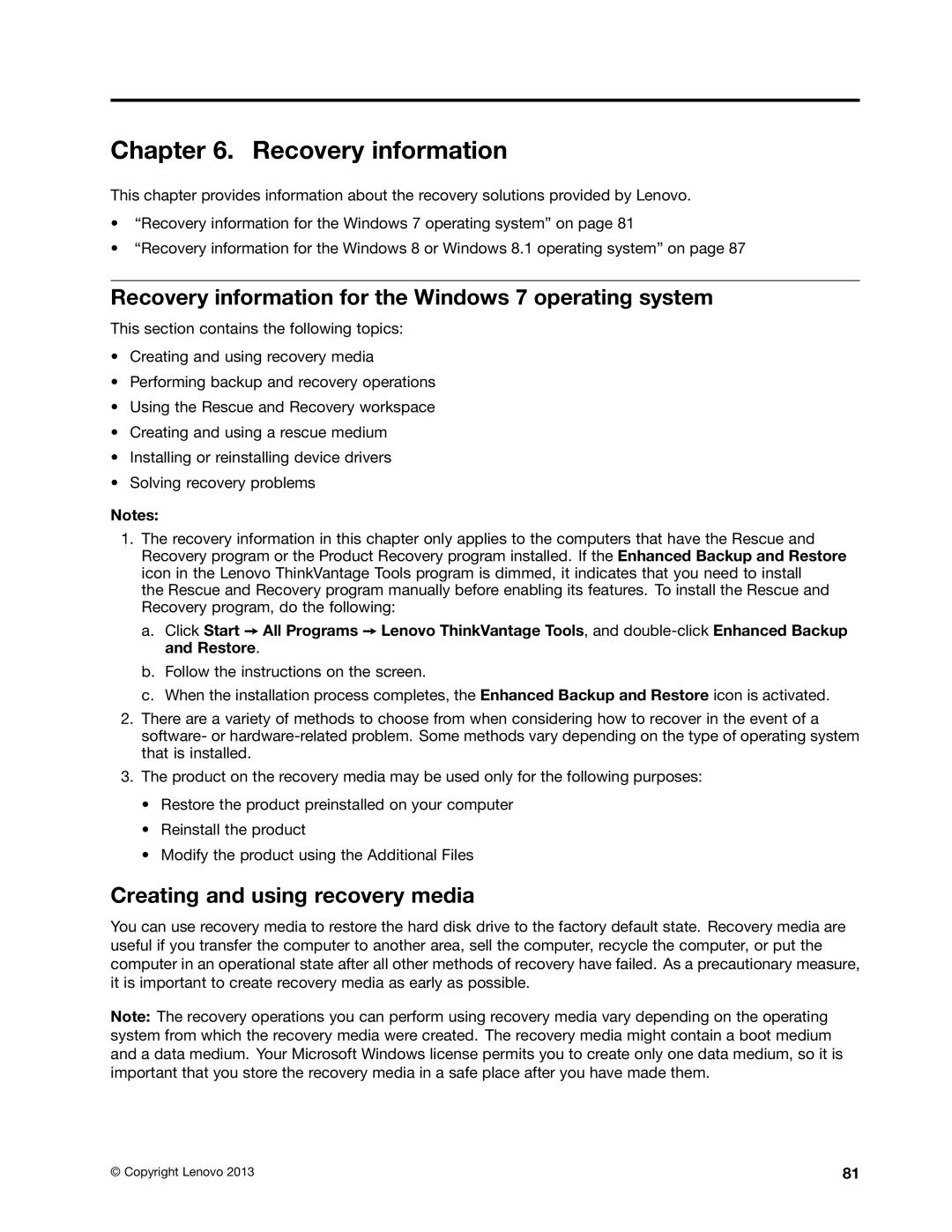 Lenovo M73 manual Recovery information for the Windows 7 operating system, Creating and using recovery media 