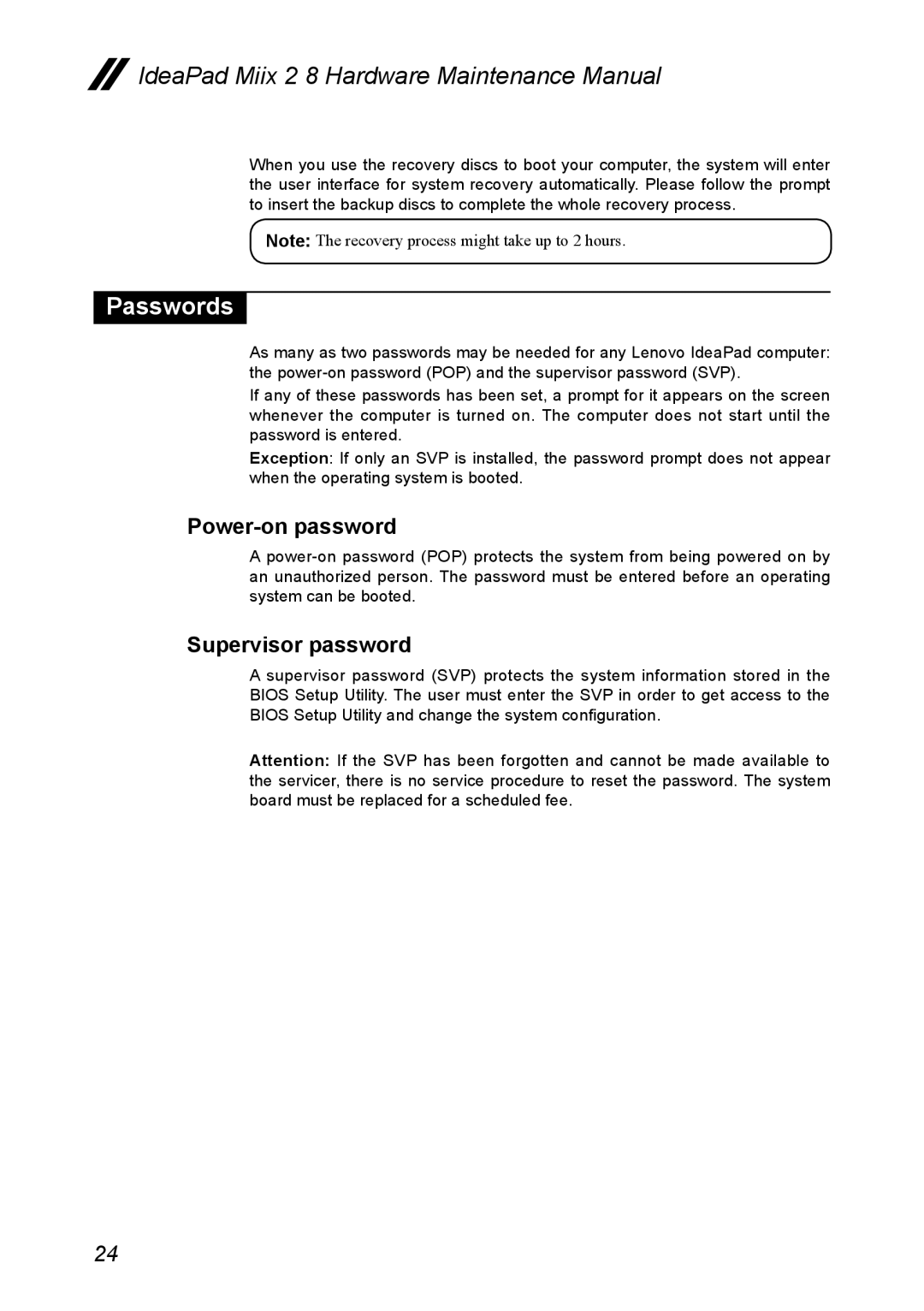 Lenovo MIIX 2 8 manual Passwords, Power-on password, Supervisor password, IdeaPad Miix 2 8 Hardware Maintenance Manual 