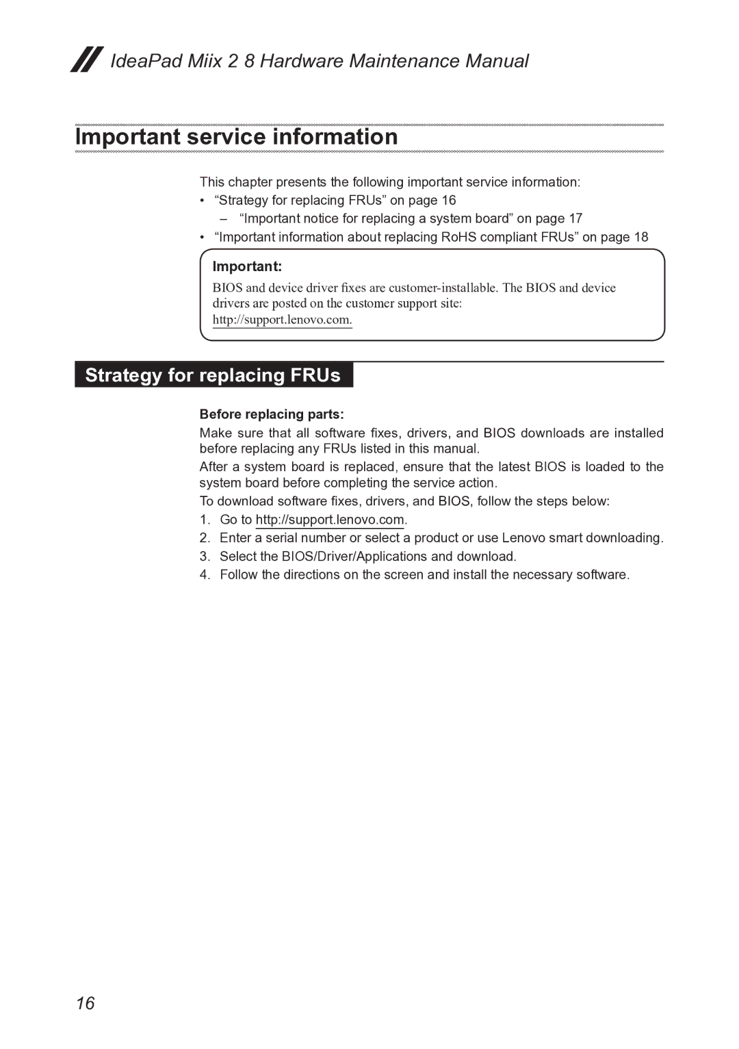 Lenovo MIIX 2 8 manual Important service information, Strategy for replacing FRUs 