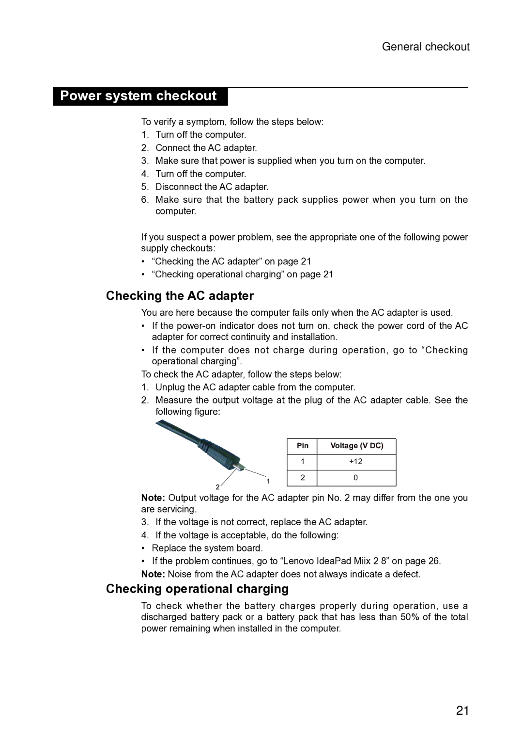 Lenovo MIIX 2 8 manual Power system checkout, Checking the AC adapter, Checking operational charging 