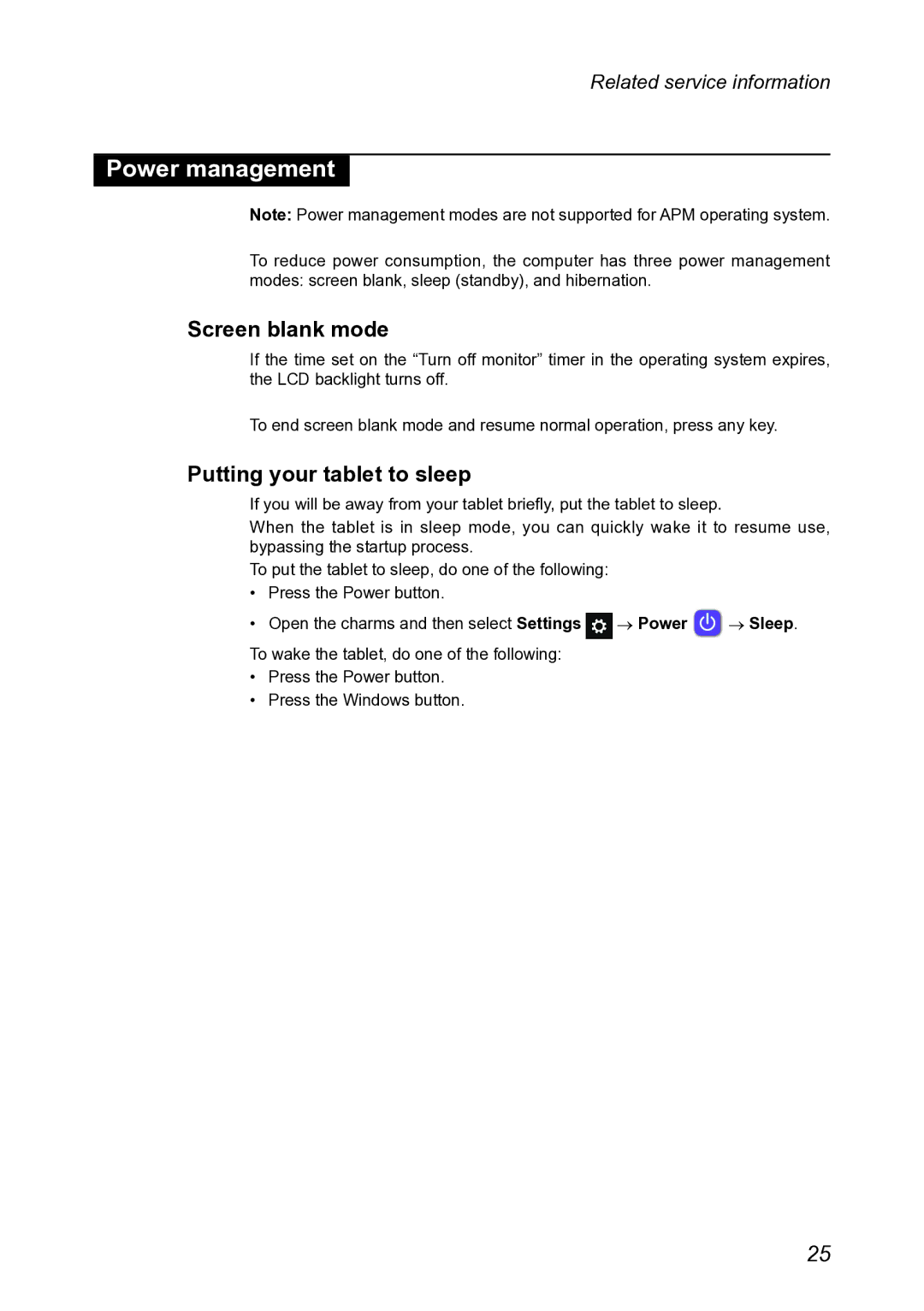 Lenovo MIIX 2 8 manual Power management, Screen blank mode, Putting your tablet to sleep 