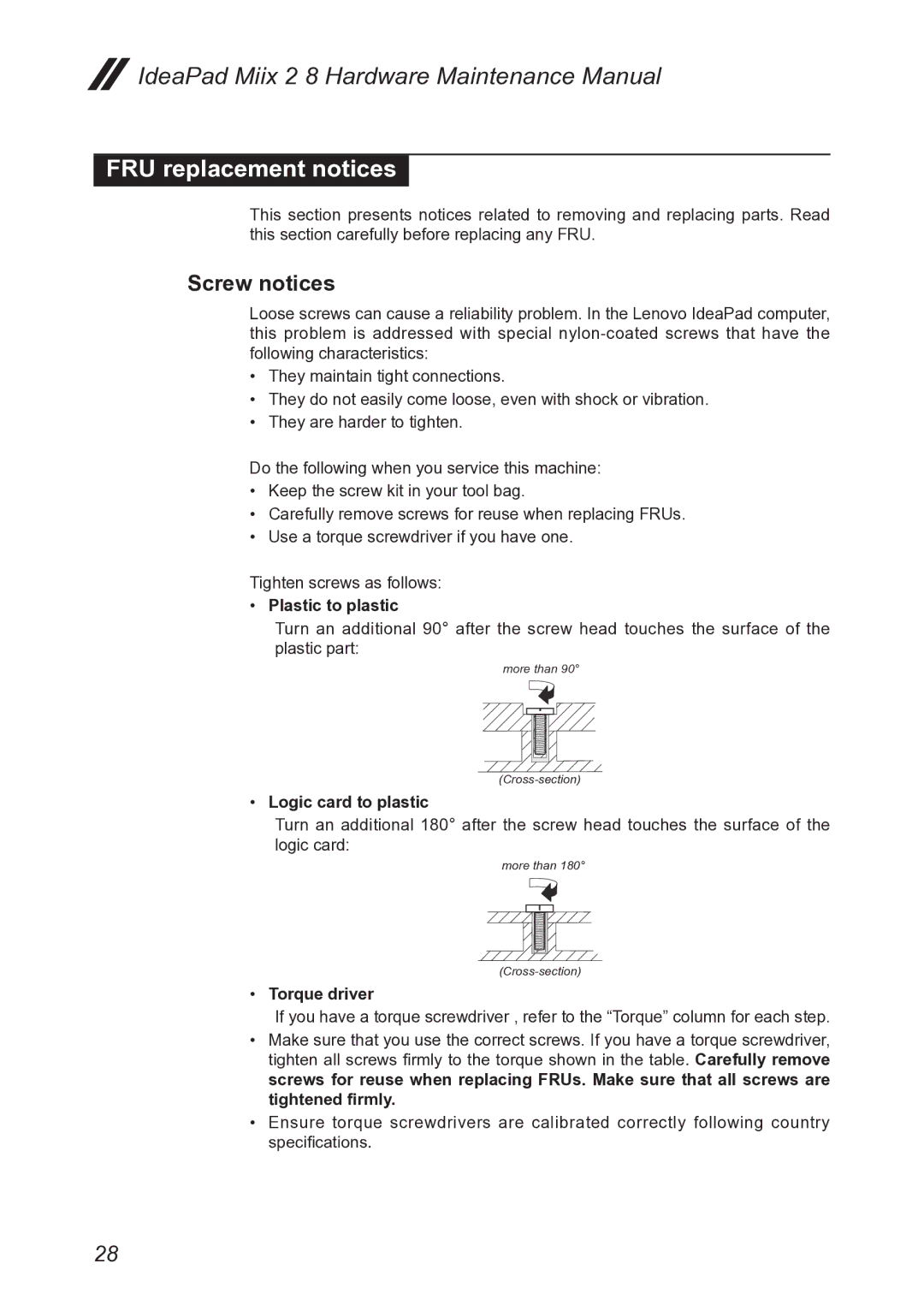 Lenovo MIIX 2 8 manual FRU replacement notices, Screw notices 