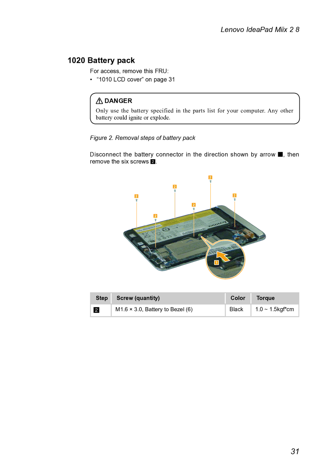 Lenovo MIIX 2 8 manual Battery pack, For access, remove this FRU LCD cover on 