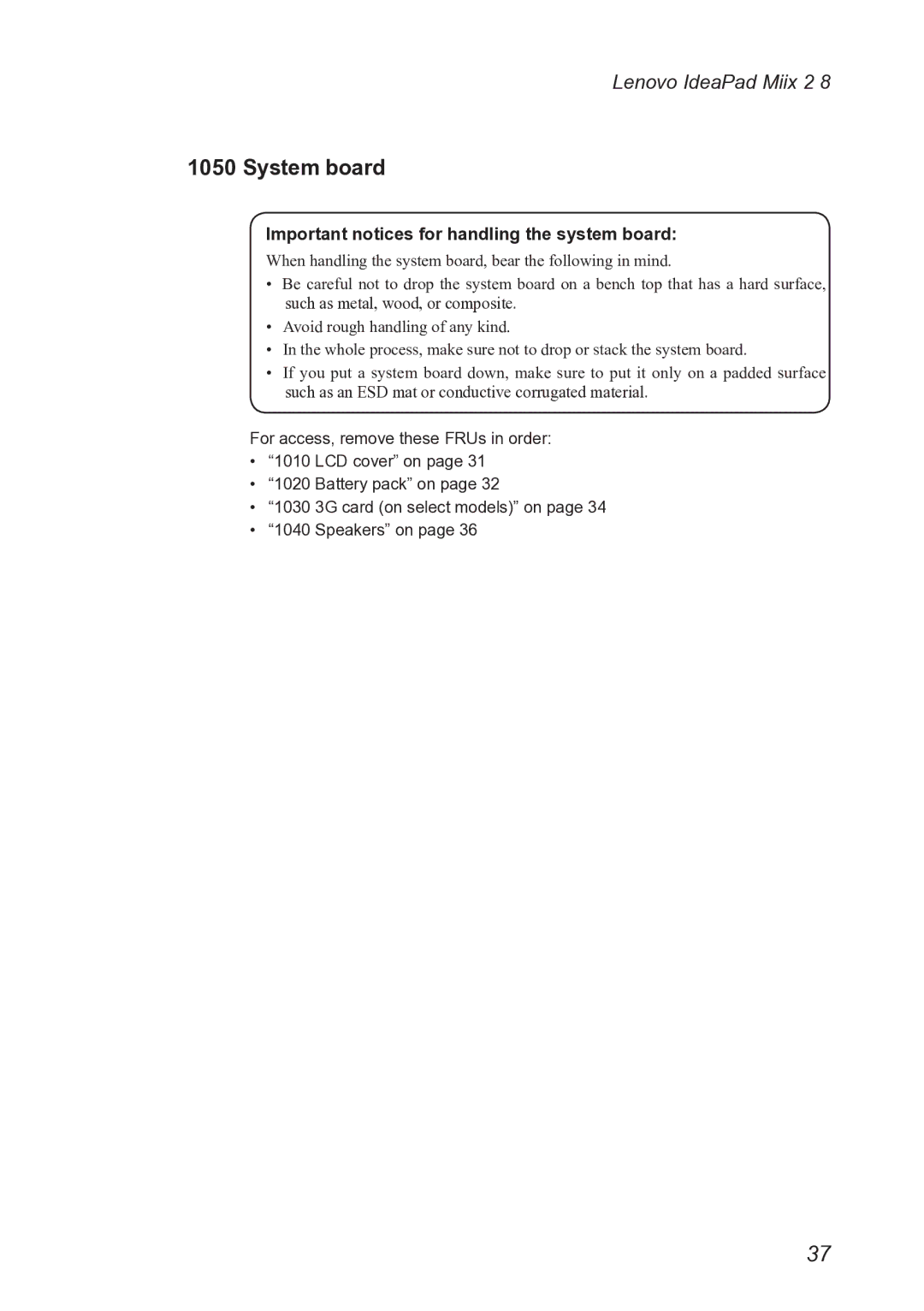 Lenovo MIIX 2 8 manual System board, Important notices for handling the system board 