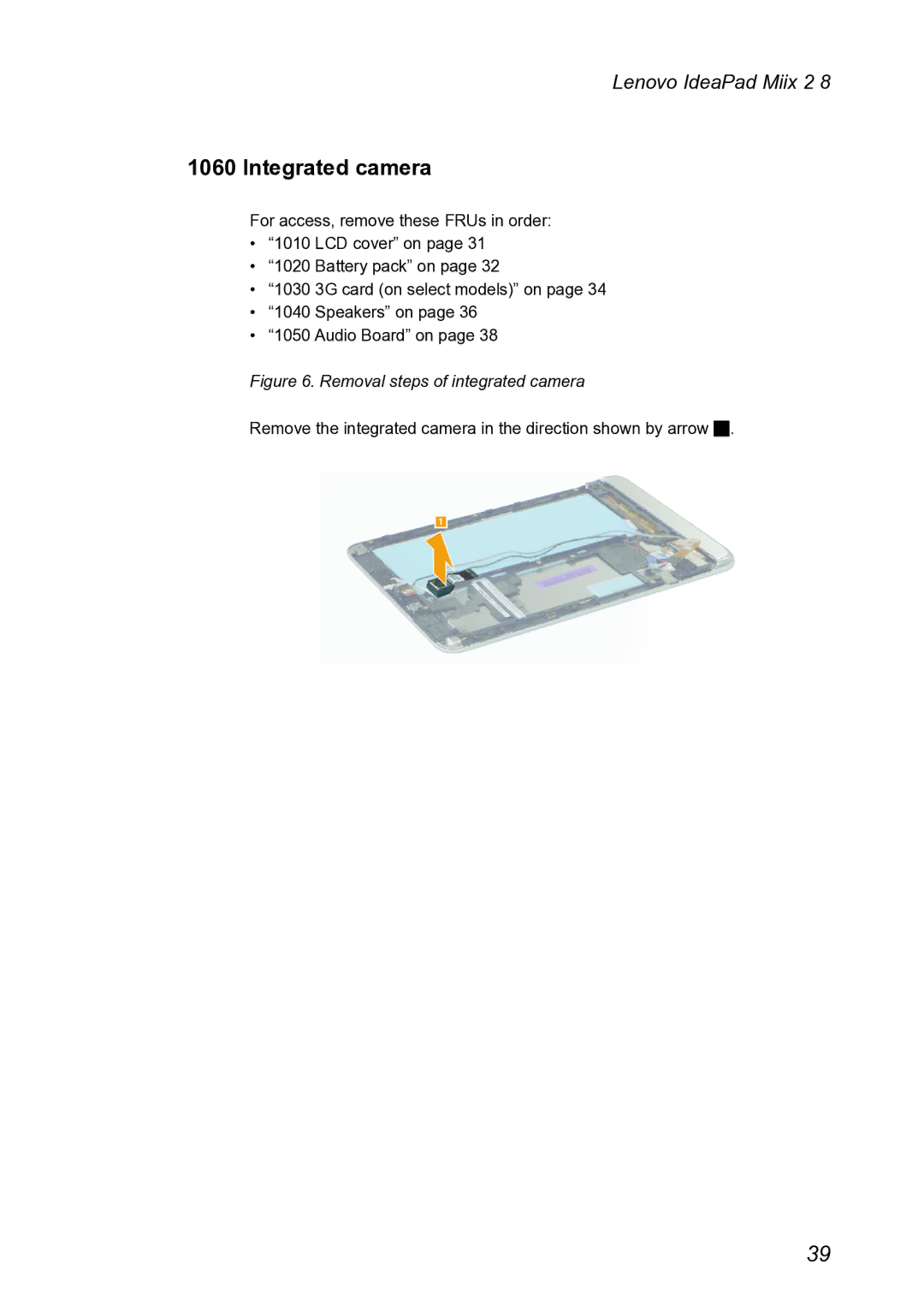 Lenovo MIIX 2 8 manual Integrated camera, Removal steps of integrated camera 