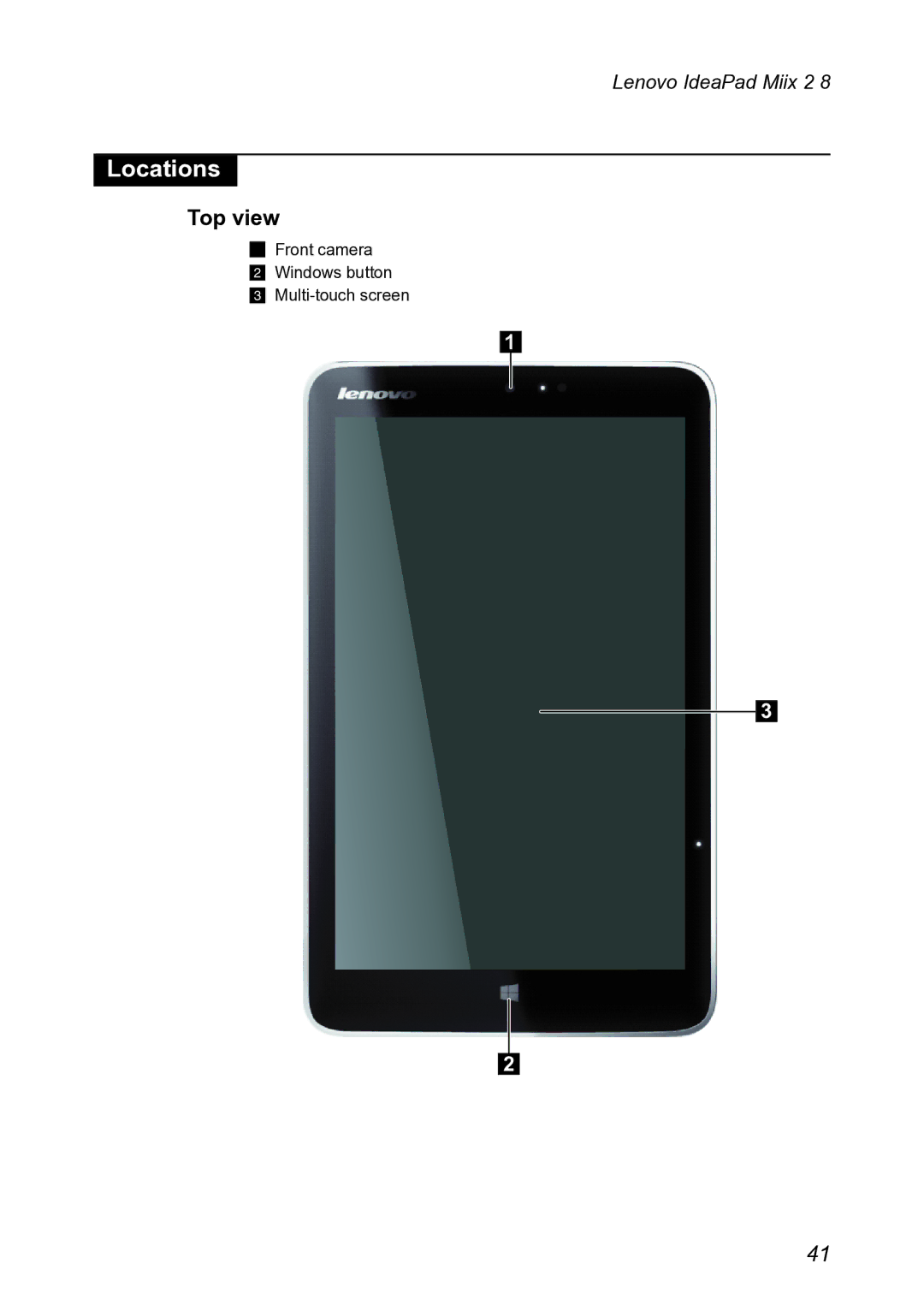 Lenovo MIIX 2 8 manual Locations, Top view 