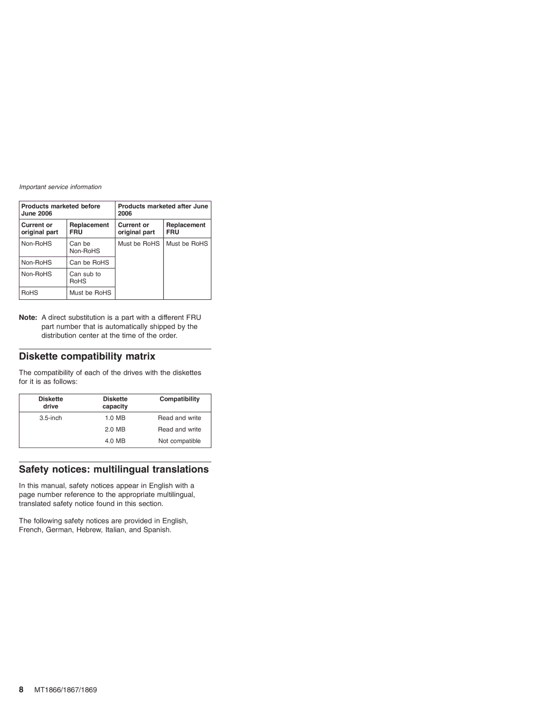 Lenovo MT 1867 Diskette compatibility matrix, Safety notices multilingual translations, Diskette Compatibility, Capacity 