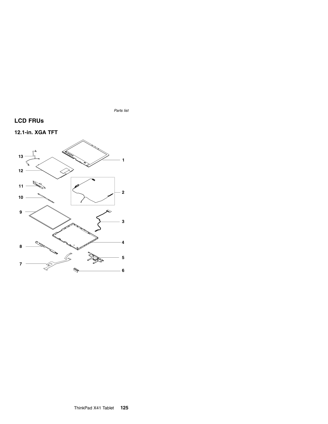 Lenovo MT 2506, MT 1867, MT 1866, MT 1869 manual LCD FRUs, 12.1-in. XGA TFT 