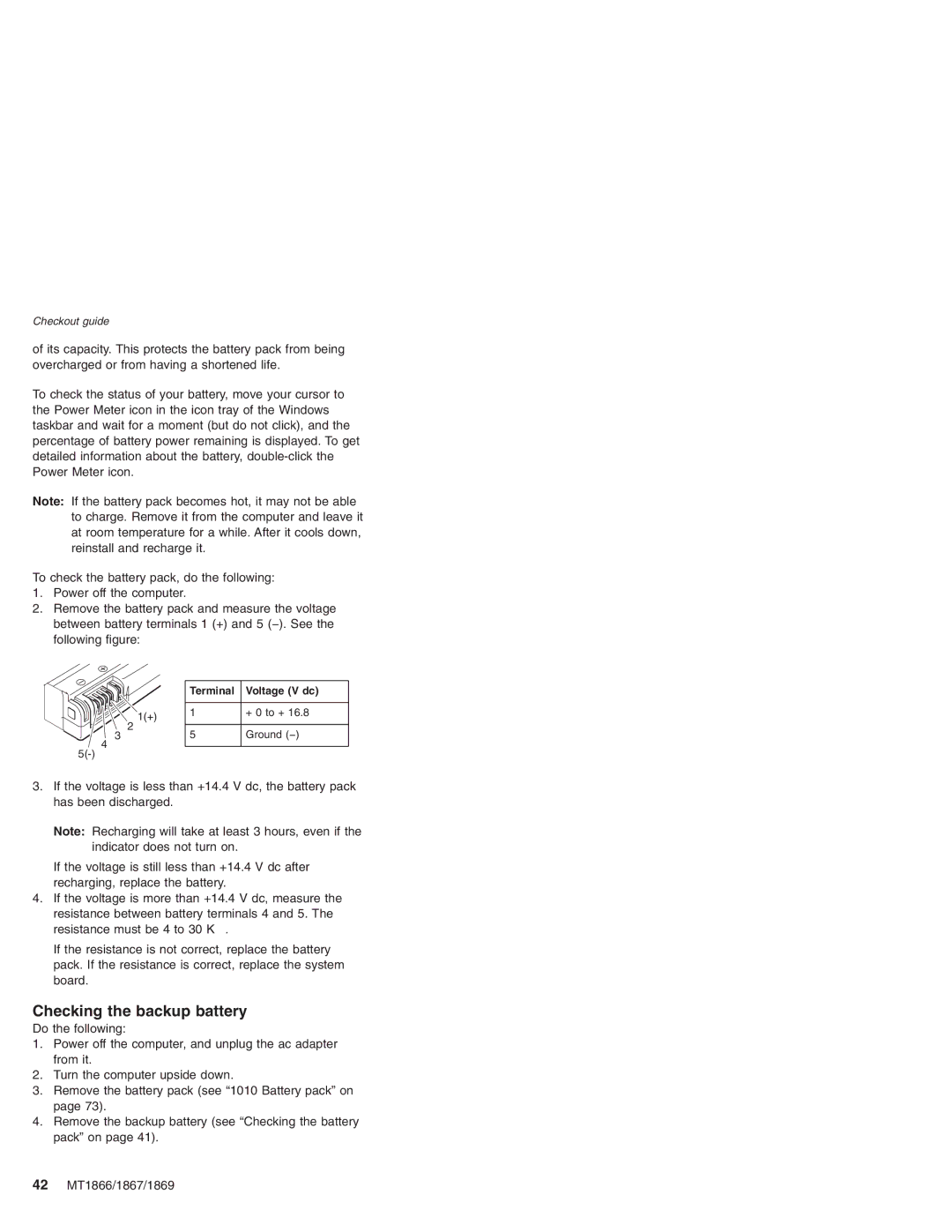 Lenovo MT 1866, MT 1867, MT 2506, MT 1869 manual Checking the backup battery, Terminal Voltage V dc 