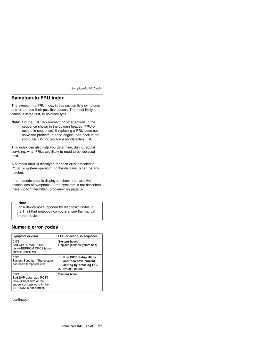 Lenovo MT 1869, MT 1867, MT 2506, MT 1866 manual Symptom-to-FRU index, Numeric error codes 