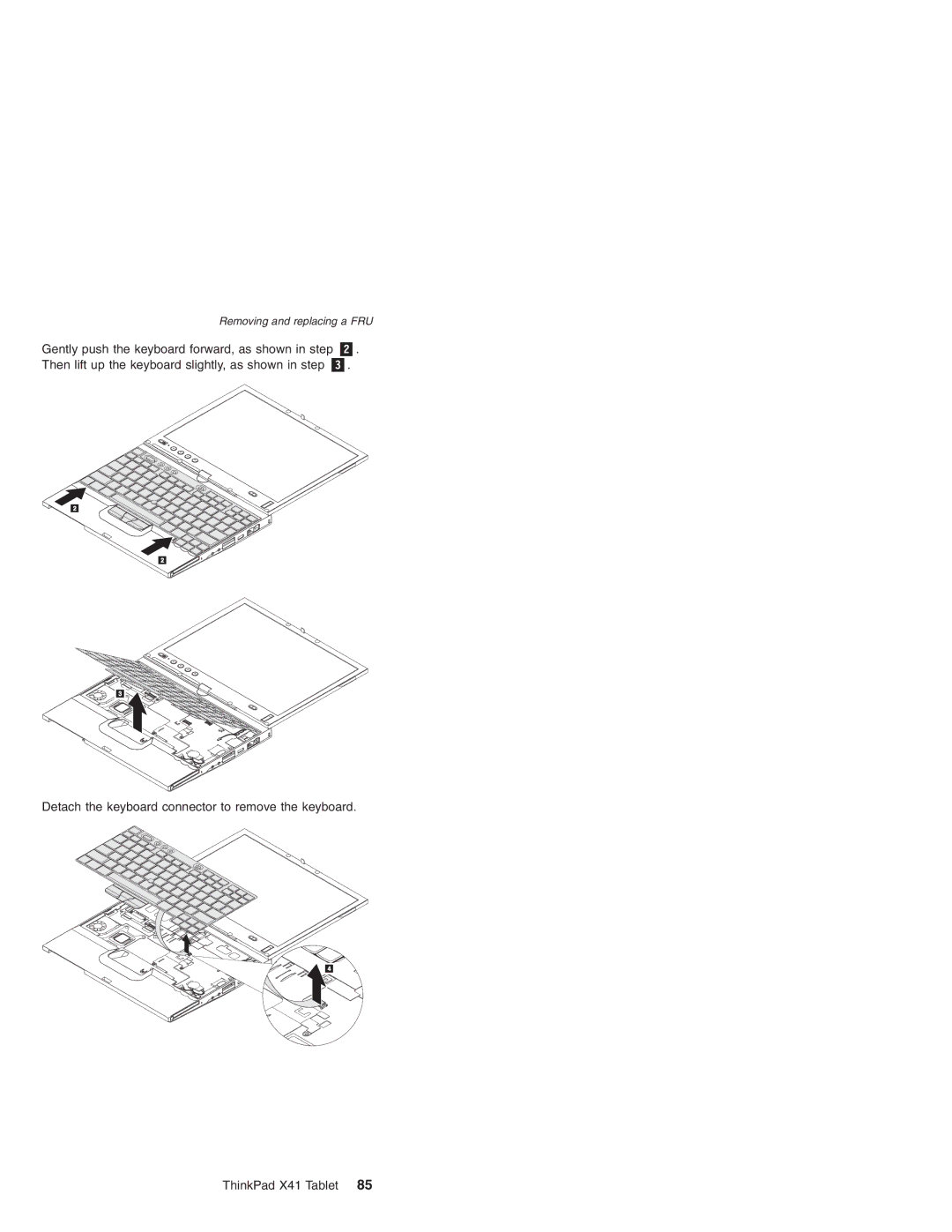 Lenovo MT 2506, MT 1867, MT 1866, MT 1869 manual Gently push the keyboard forward, as shown in step 