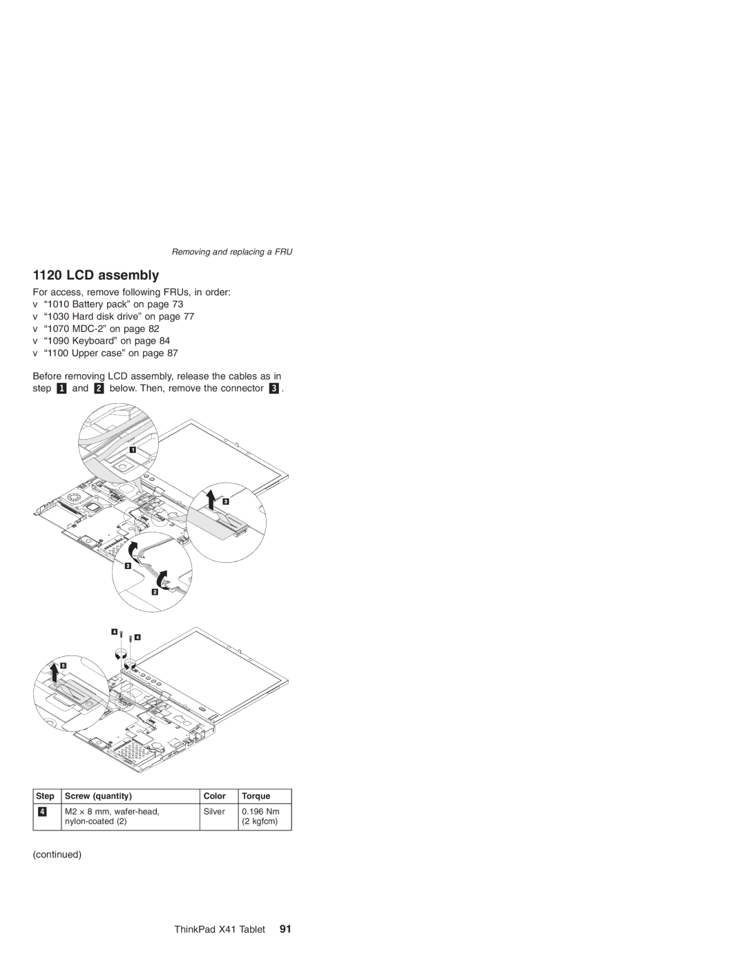 Lenovo MT 1869, MT 1867, MT 2506, MT 1866 manual LCD assembly, Step Screw quantity Color Torque 