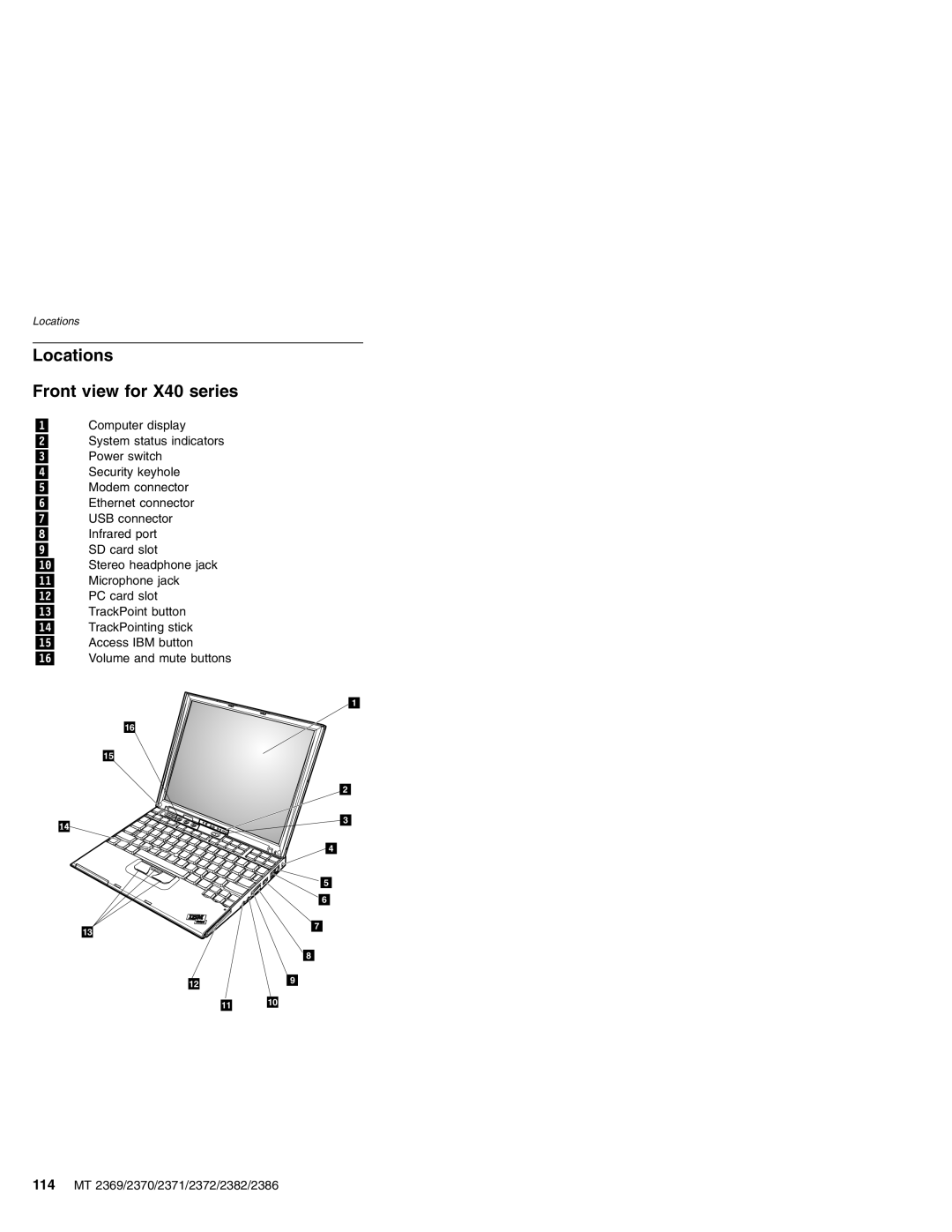 Lenovo MT 2369 manual Locations Front view for X40 series, Computer display System status indicators Power switch 