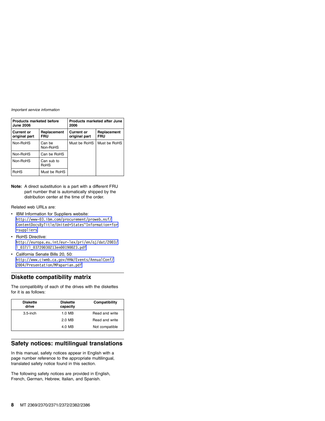 Lenovo MT 2369 manual Diskette compatibility matrix, Safety notices multilingual translations 