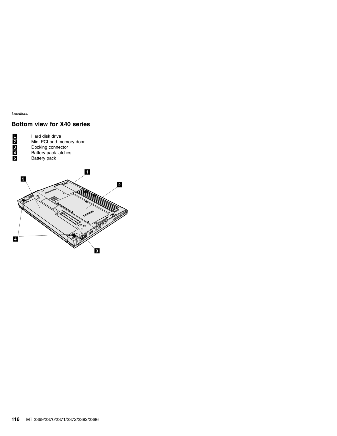 Lenovo MT 2369 manual Bottom view for X40 series, Hard disk drive Mini-PCI and memory door Docking connector 