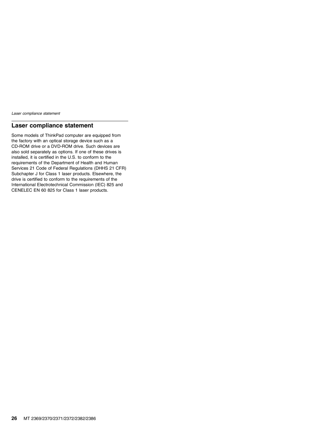 Lenovo MT 2369 manual Laser compliance statement 