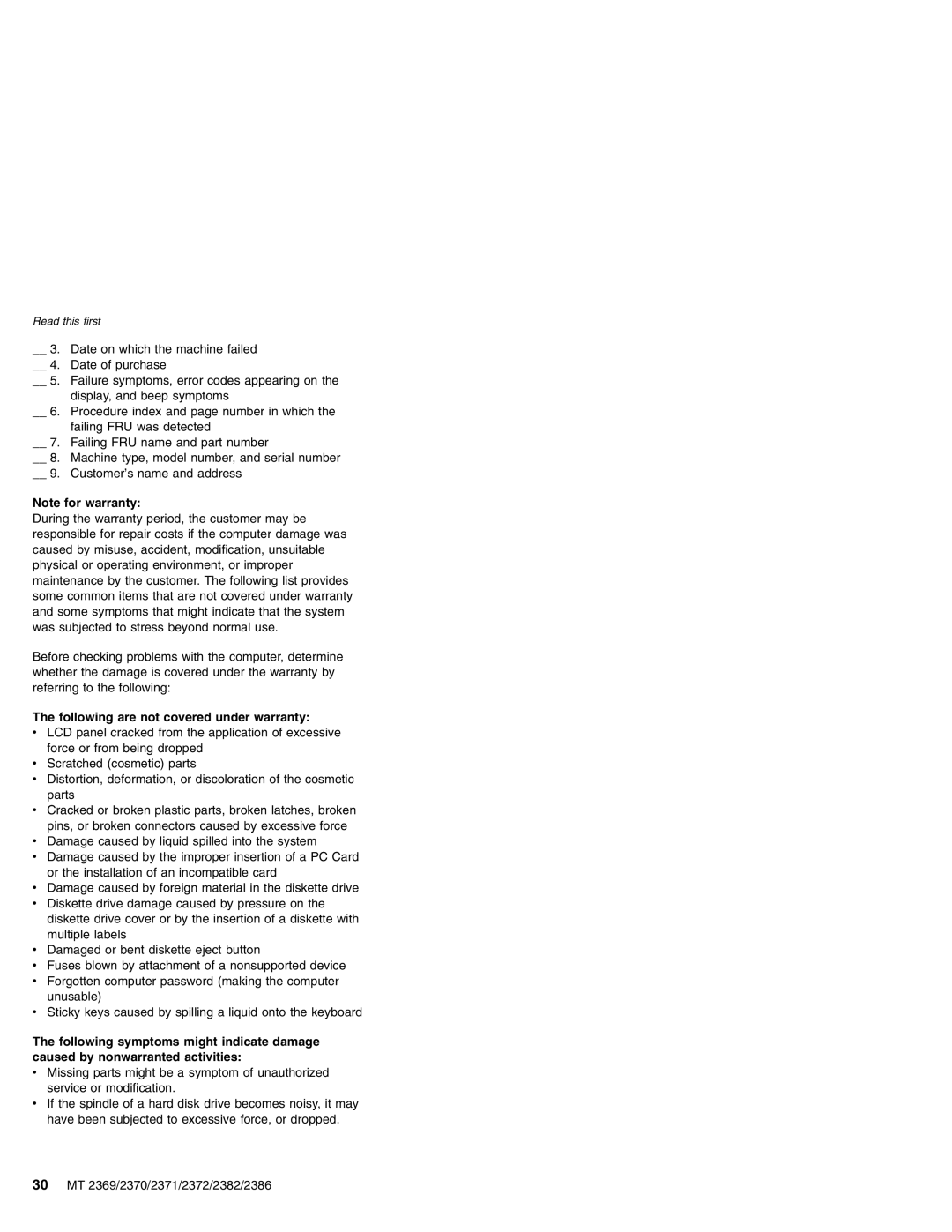 Lenovo MT 2369 manual Note for warranty, The following are not covered under warranty 