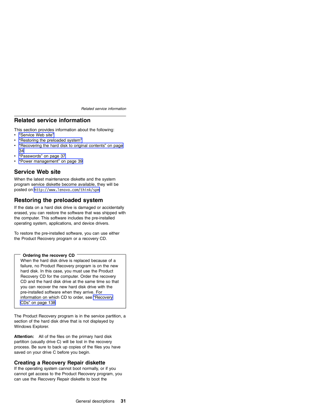 Lenovo MT 2369 manual Related service information, Service Web site, Restoring the preloaded system 