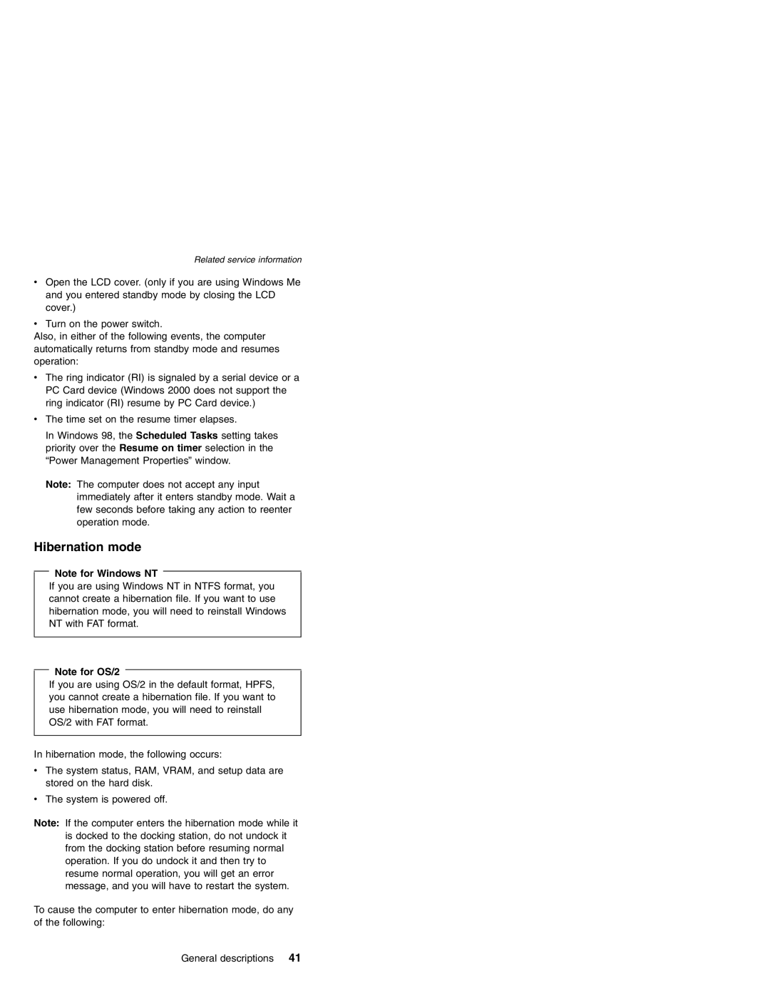 Lenovo MT 2369 manual Hibernation mode, Note for Windows NT, Note for OS/2 