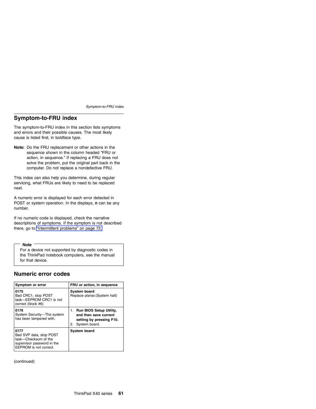 Lenovo MT 2369 manual Symptom-to-FRU index, Numeric error codes 