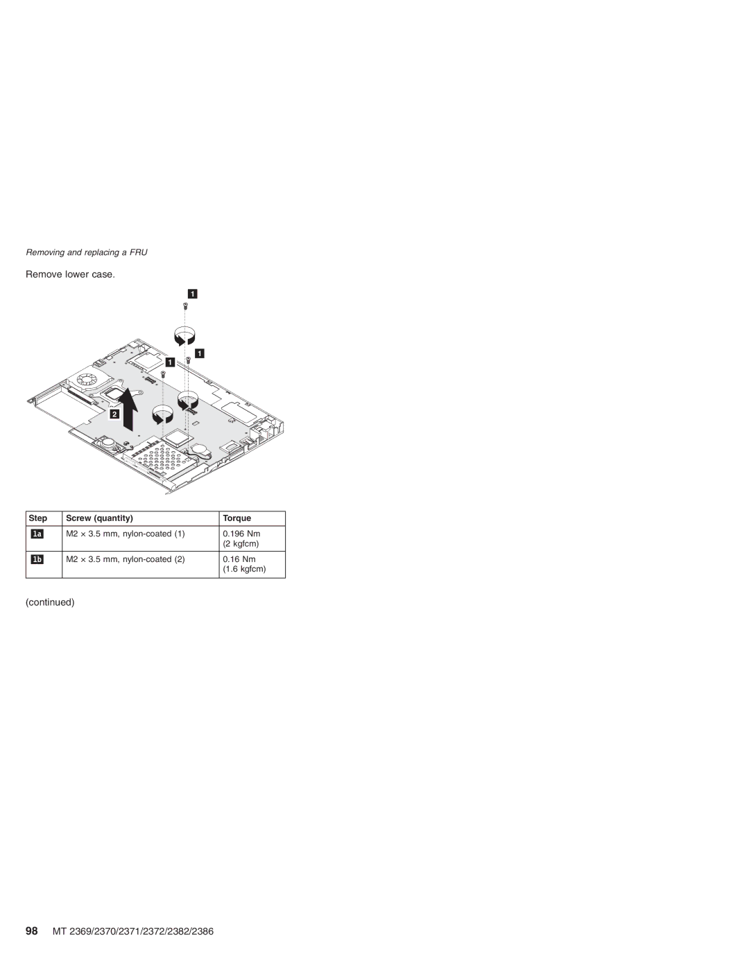 Lenovo manual Remove lower case, 98 MT 2369/2370/2371/2372/2382/2386 