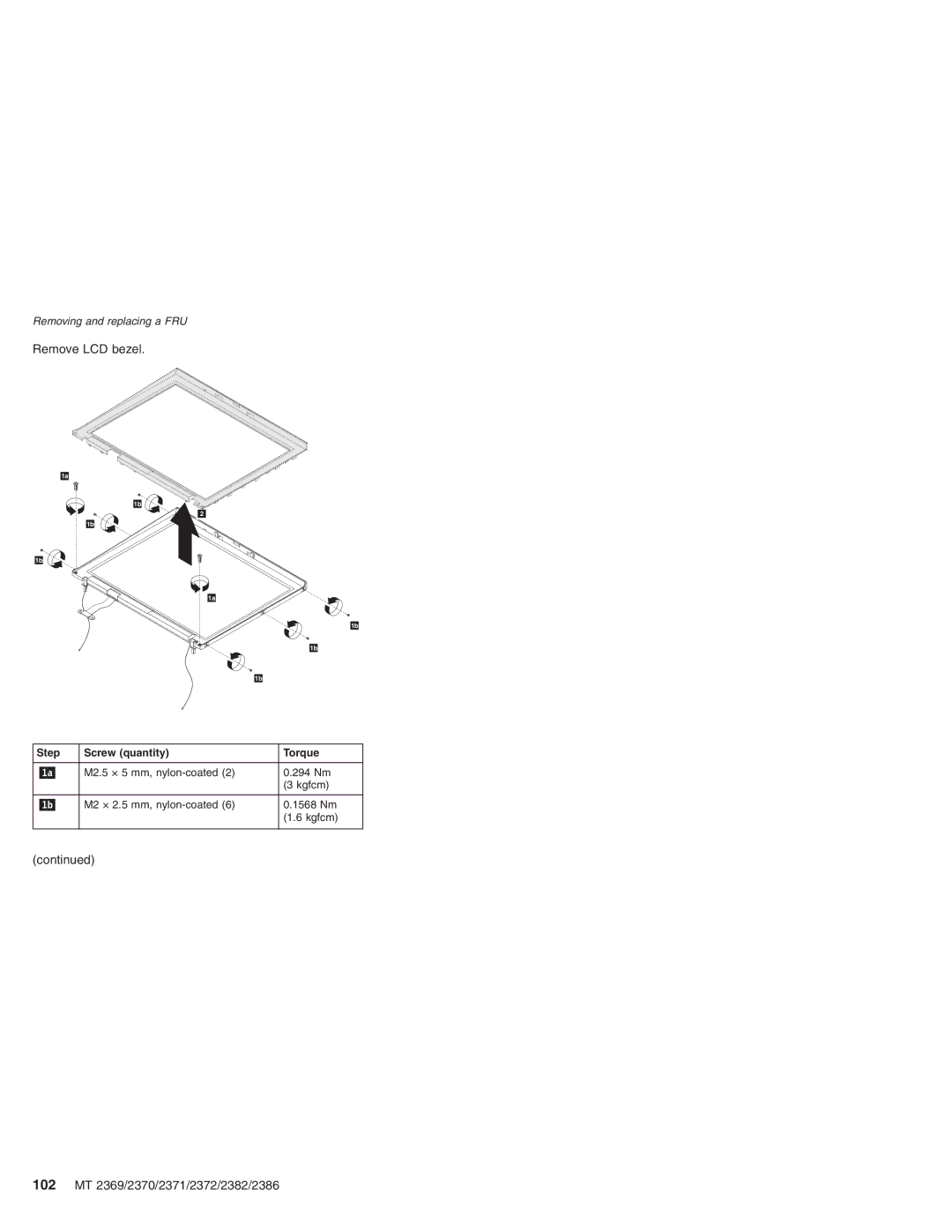 Lenovo manual Remove LCD bezel, 102 MT 2369/2370/2371/2372/2382/2386 