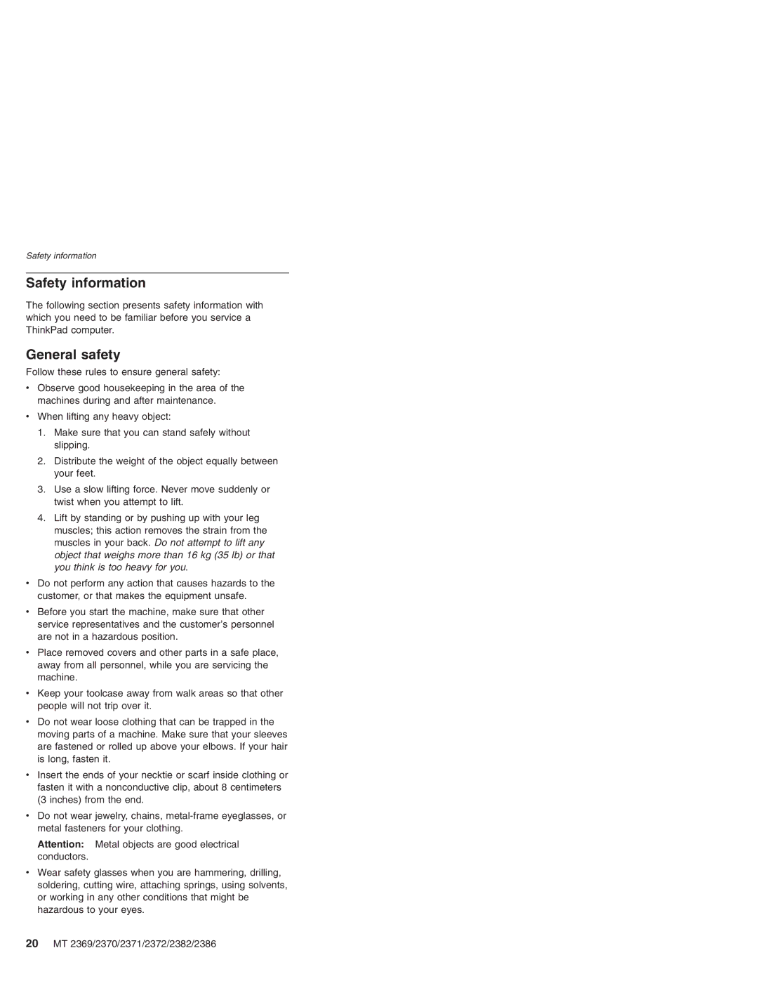 Lenovo MT 2369 manual Safety information, General safety 