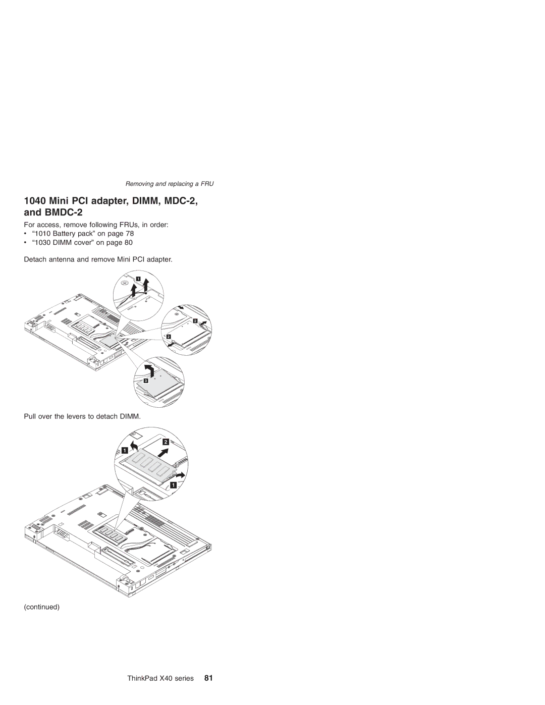 Lenovo MT 2369 manual Mini PCI adapter, DIMM, MDC-2, and BMDC-2, Pull over the levers to detach Dimm ThinkPad X40 series 