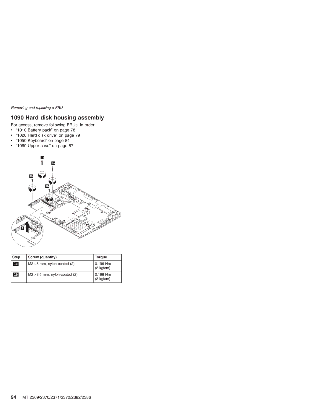 Lenovo manual Hard disk housing assembly, 94 MT 2369/2370/2371/2372/2382/2386 