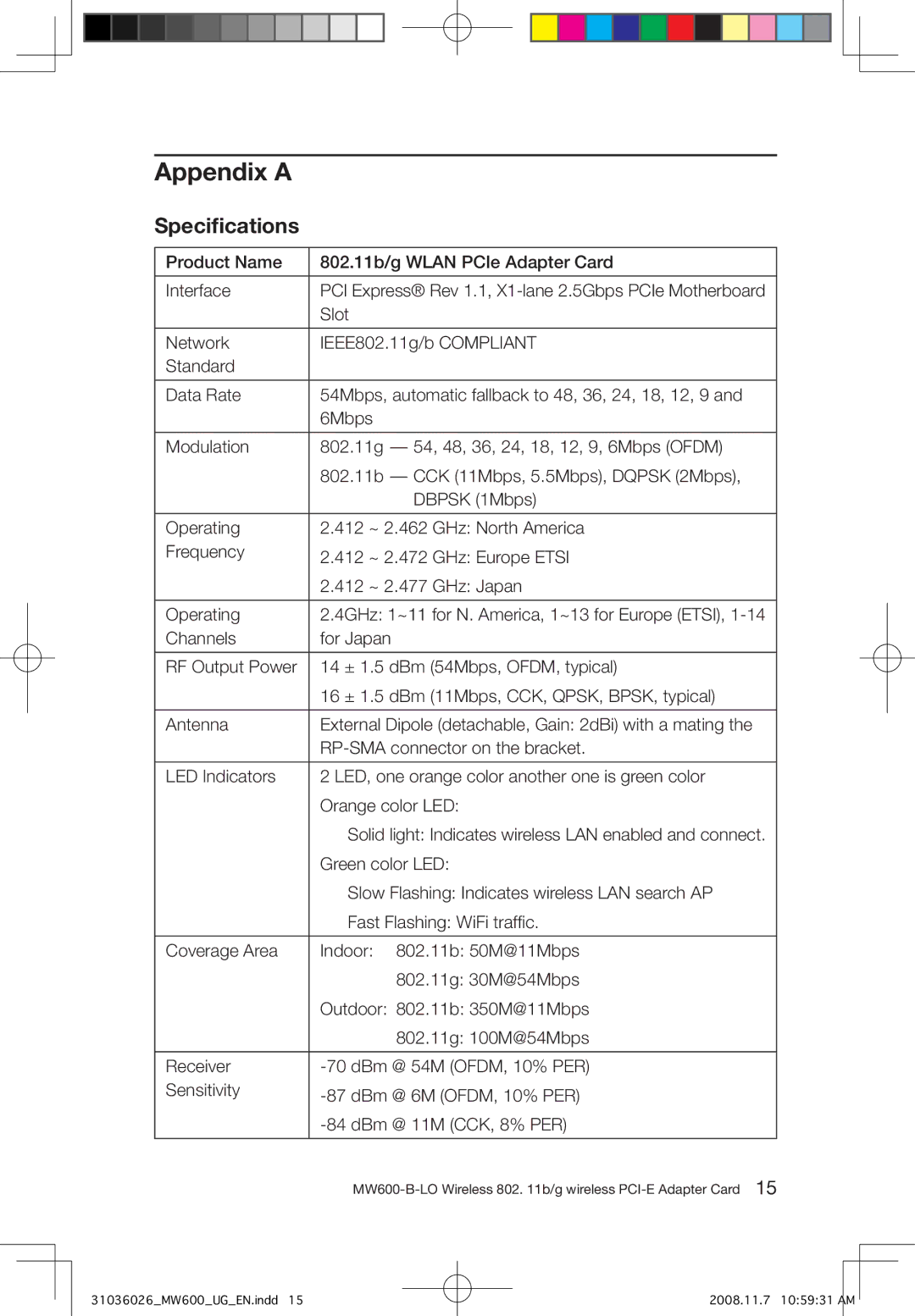 Lenovo MW600-B-LO user manual Appendix a, Speciﬁcations 