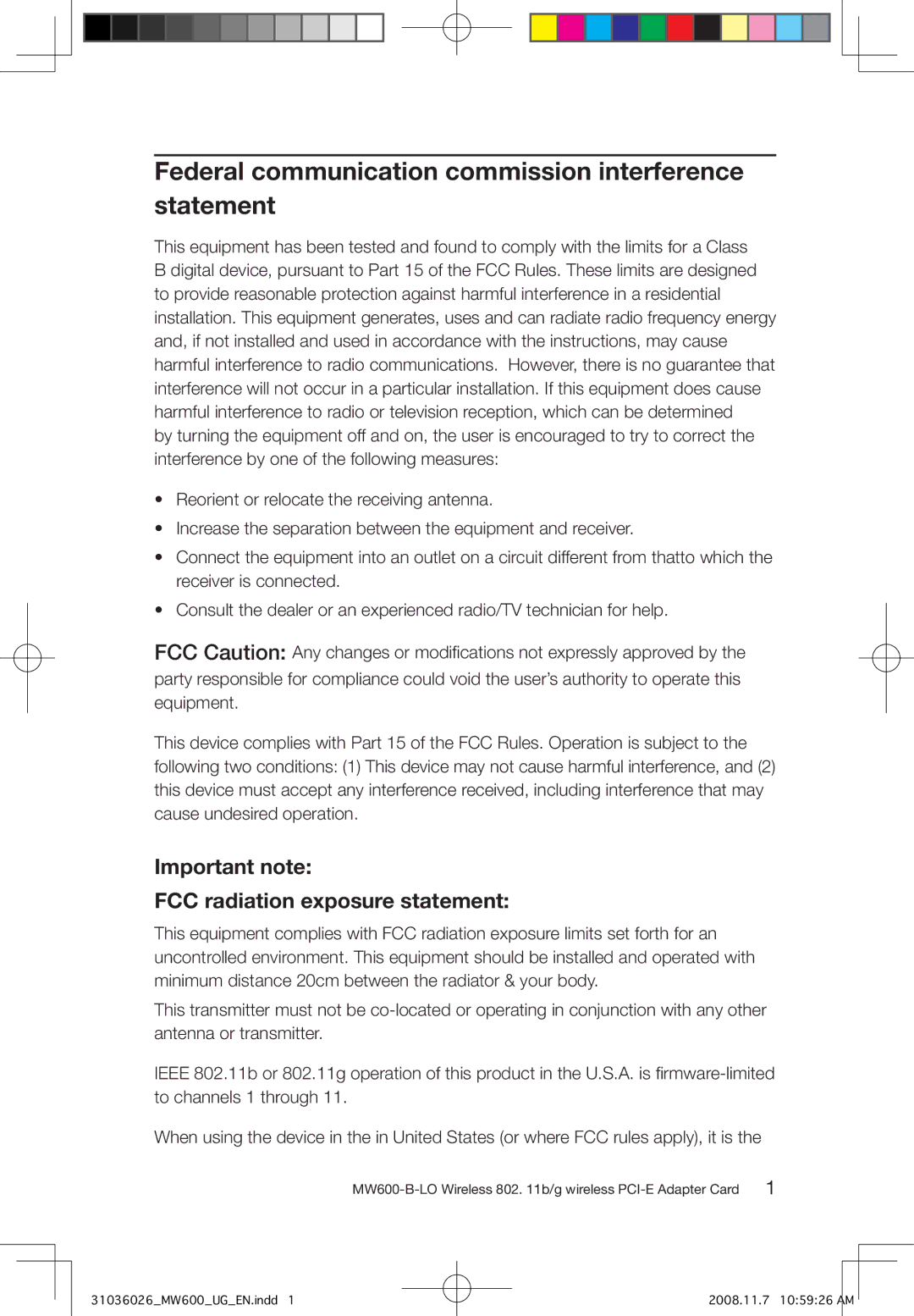 Lenovo MW600-B-LO Federal communication commission interference statement, Important note FCC radiation exposure statement 