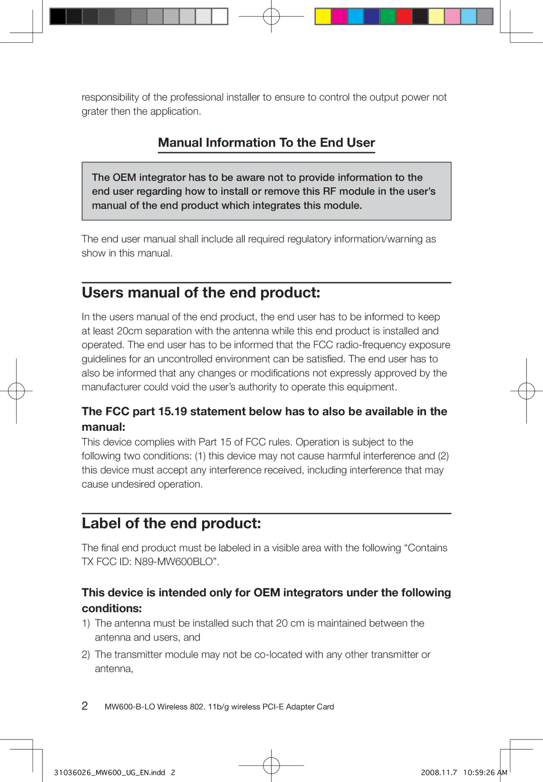 Lenovo MW600-B-LO user manual Label of the end product, Manual Information To the End User 