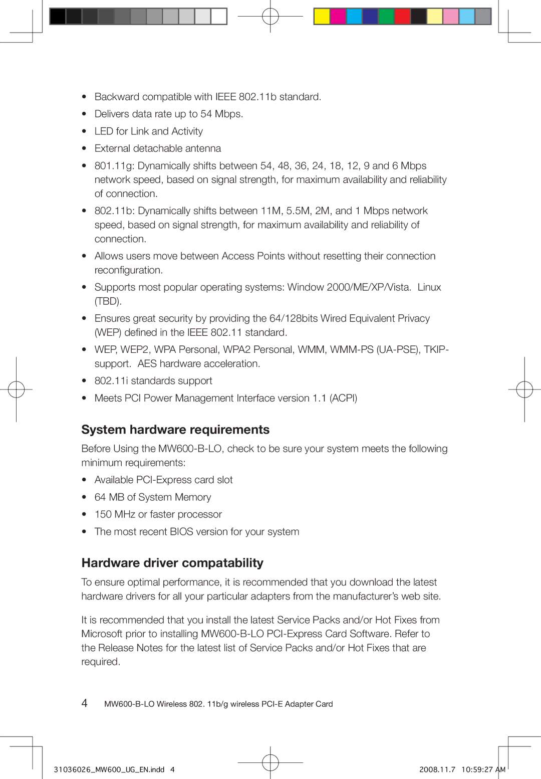 Lenovo MW600-B-LO user manual System hardware requirements, Hardware driver compatability 